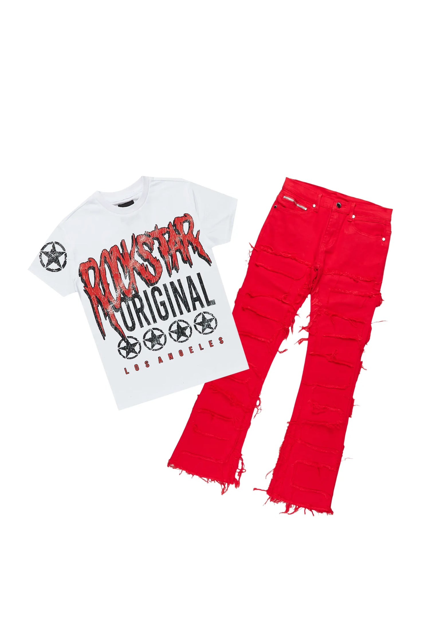 Boys Wizzurd White/Red T-Shirt/Stacked Flare Jean Set