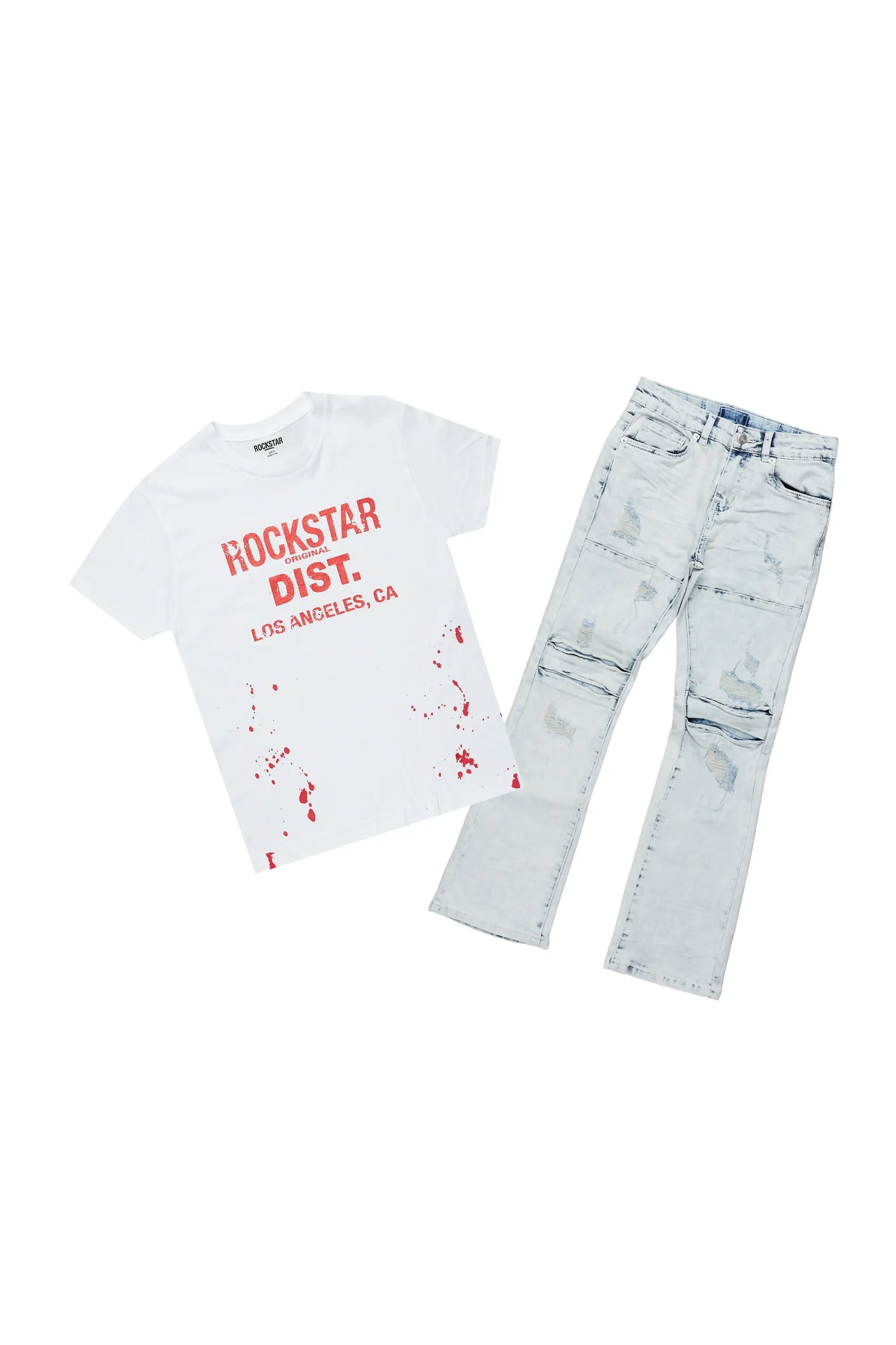 Boys Yasir White/Light Blue T-Shirt/Stacked Flare Jean Set