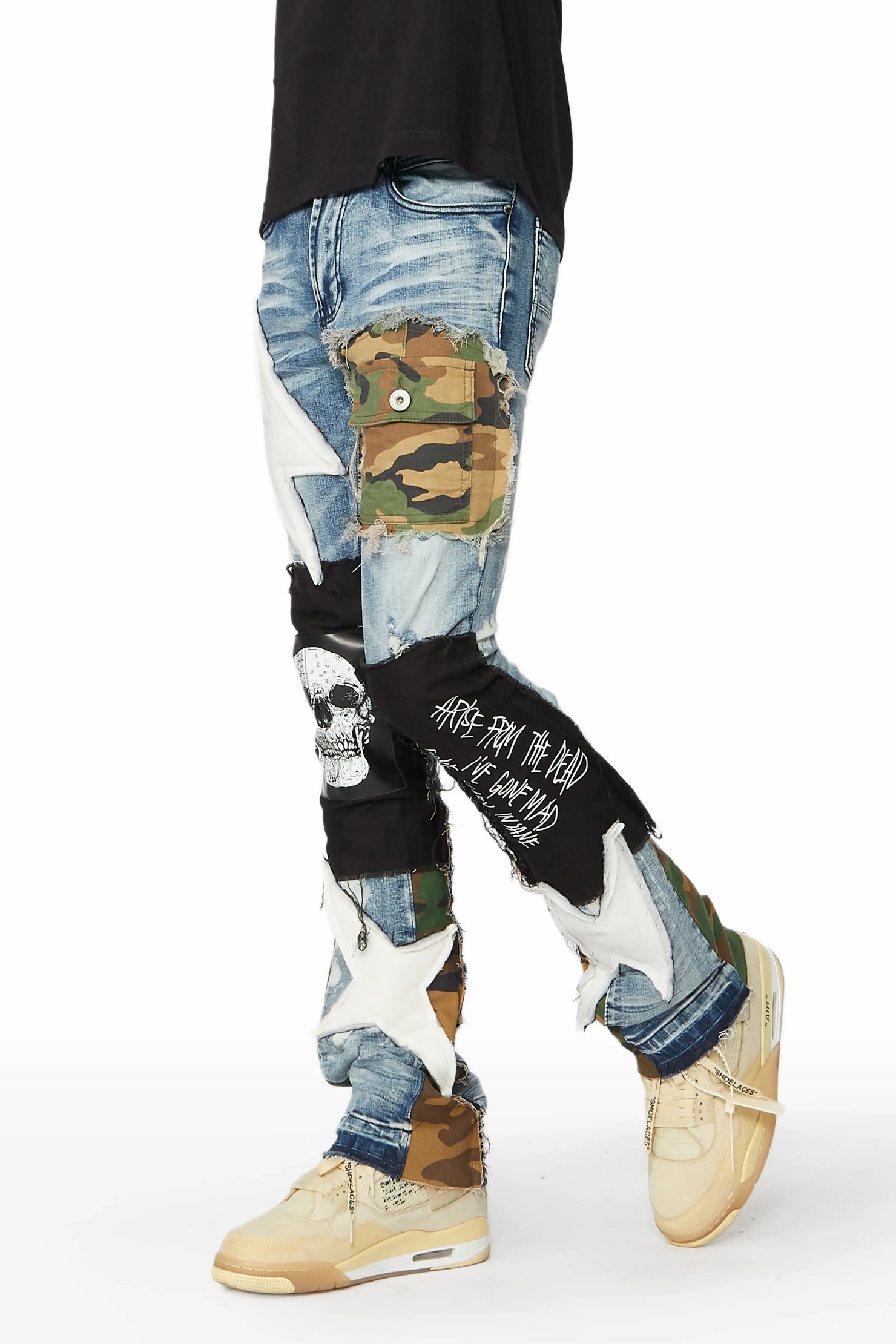 Soren Blue/Camo Stacked Patchwork Flare Jean