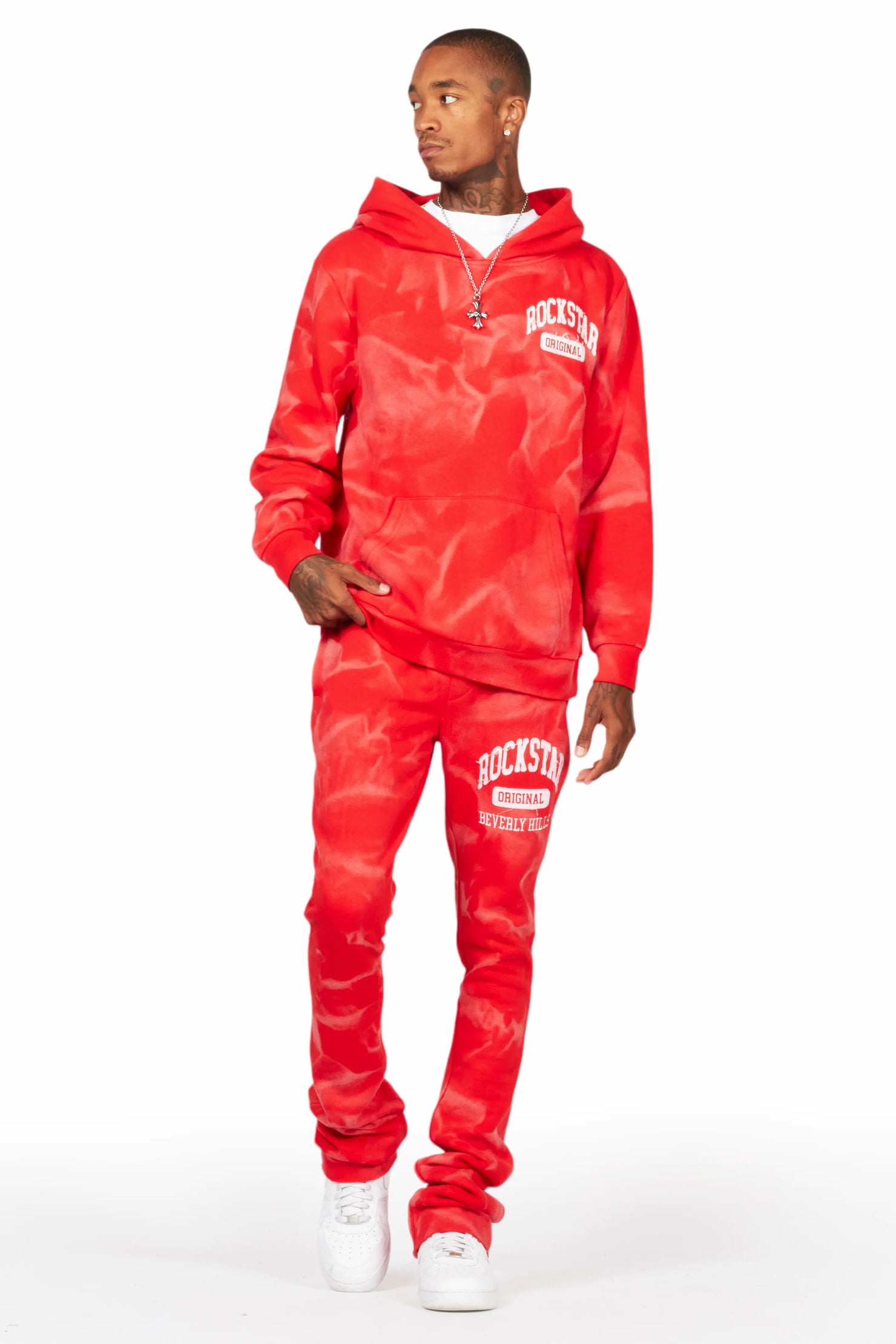 Member Red Hoodie Patchwork Stacked Flare Track Set