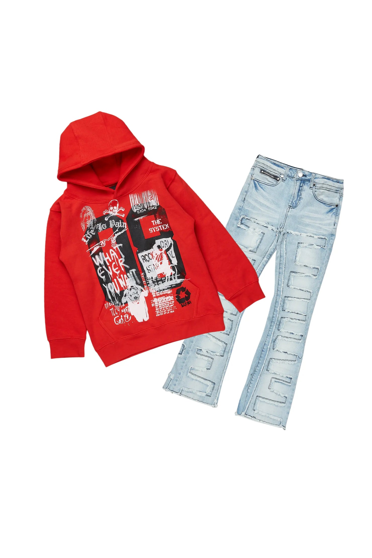 Boys Beau Red/Blue Hoodie/Stacked Flare Jean Set