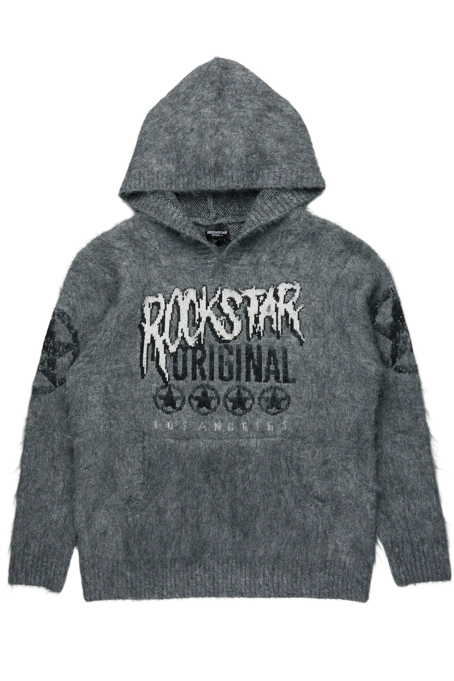 Wizzurd Grey Graphic Knitted Mohair Hoodie