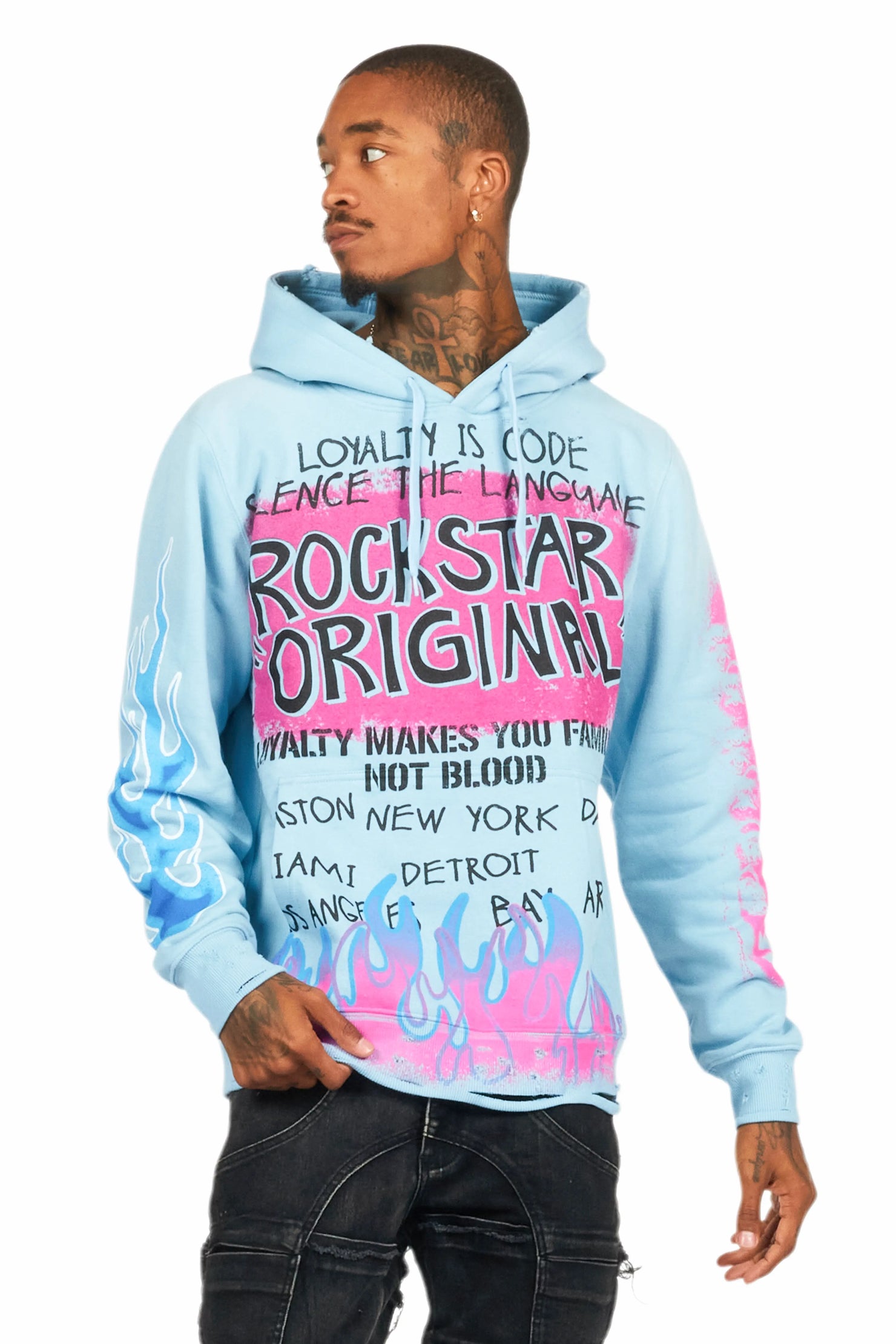 Beno Baby Blue Distressed Graphic Hoodie