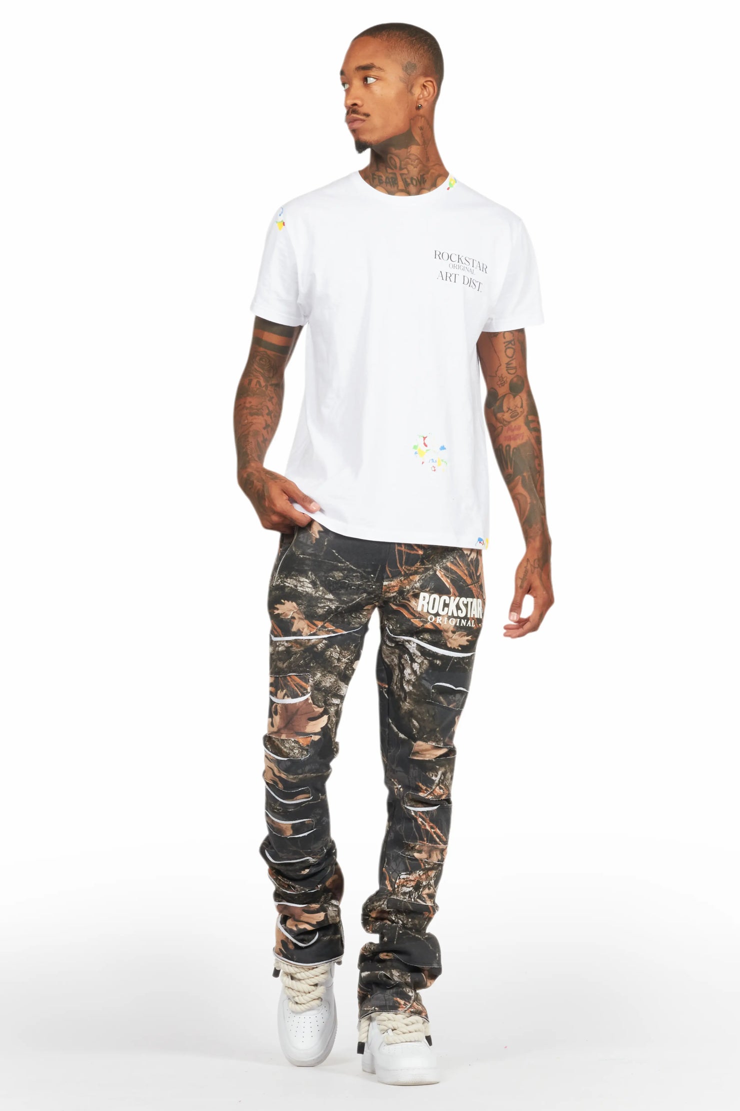 Emilio Black Tree Camo Stacked Flare Track Pant