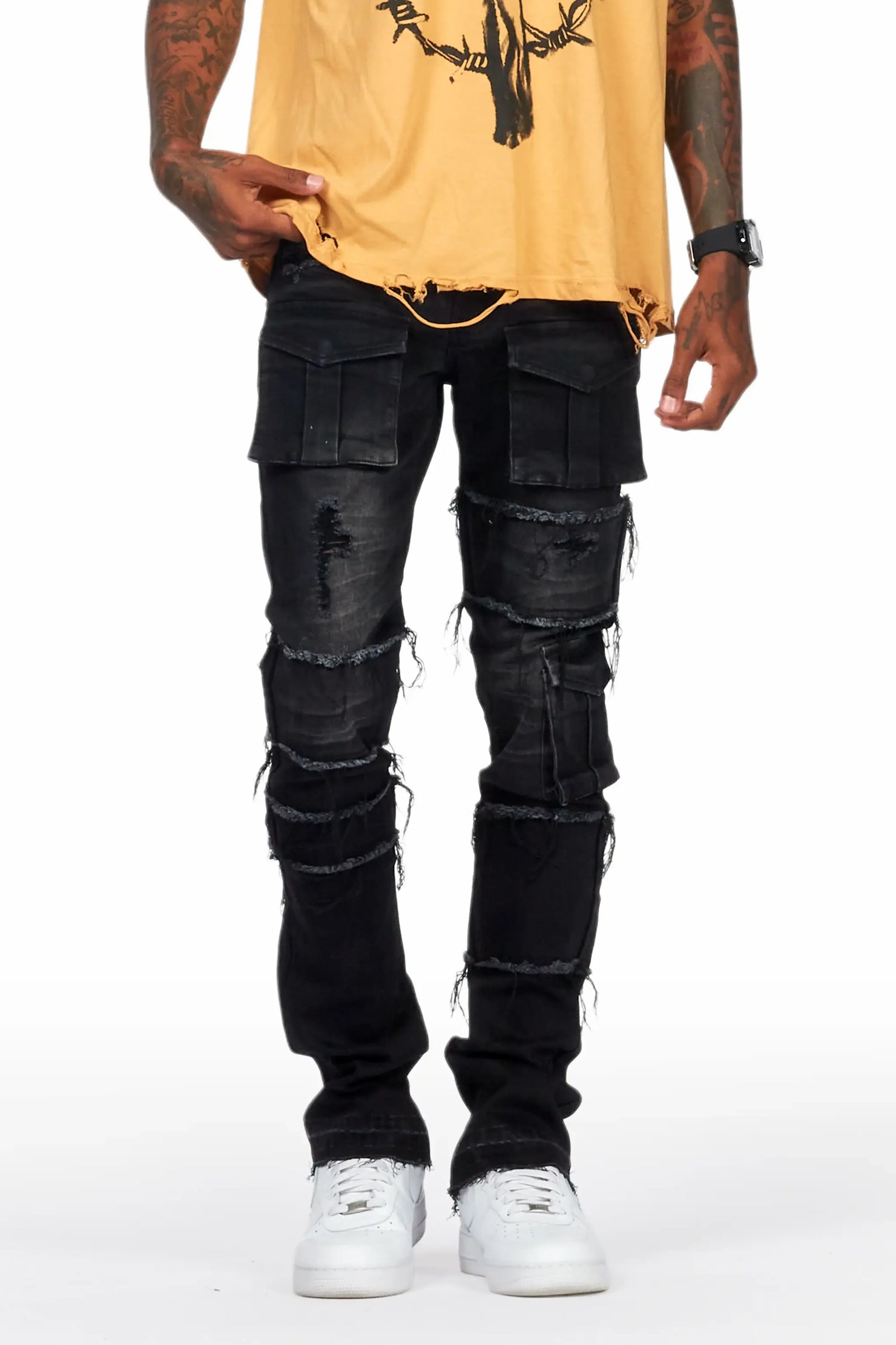 Folant Black Stacked Cargo Flare Jean