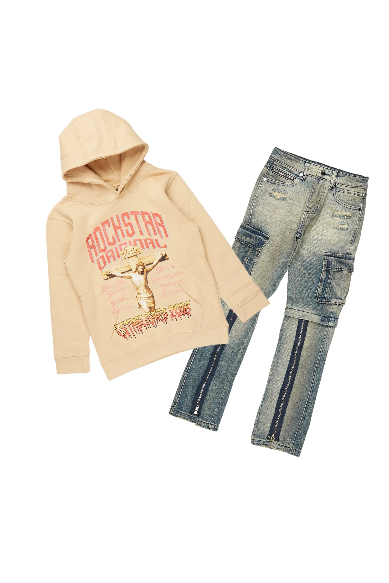 Boys Hayes Beige Hoodie/Stacked Flare Jean Set