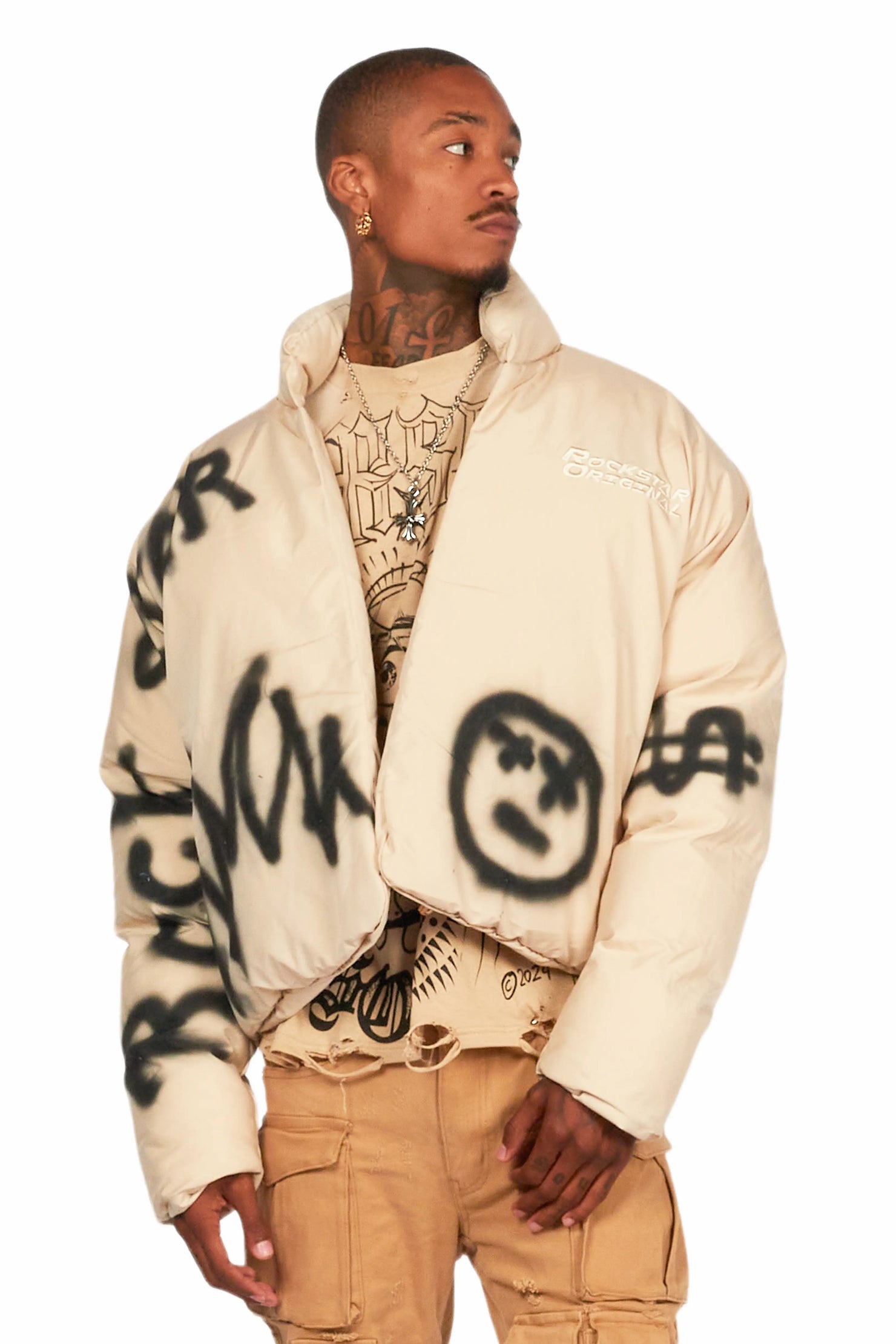 Keno Beige Graphic Puffer Jacket