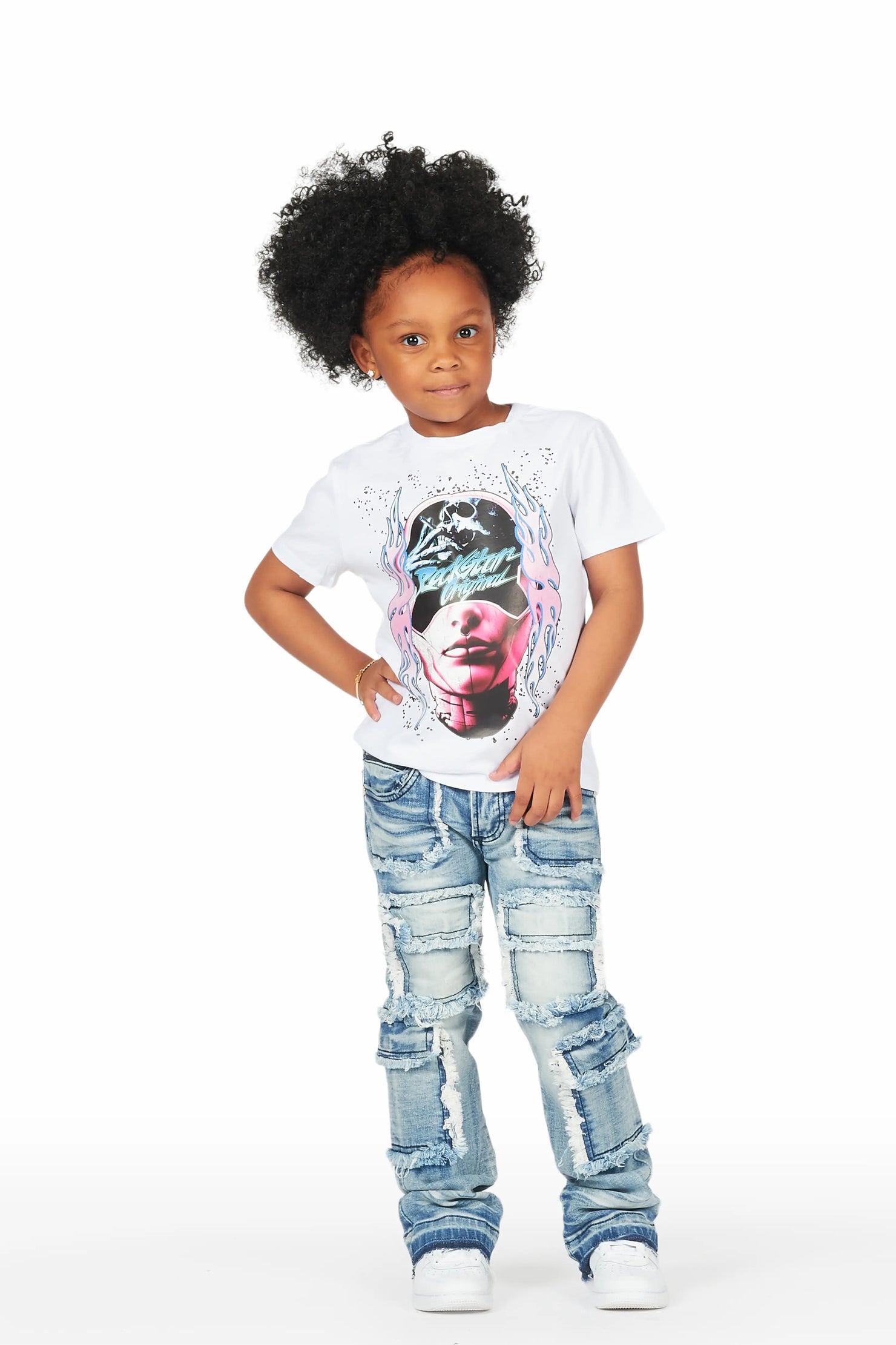 Girls Medora White/Blue T-Shirt Stacked Flare Jean Set