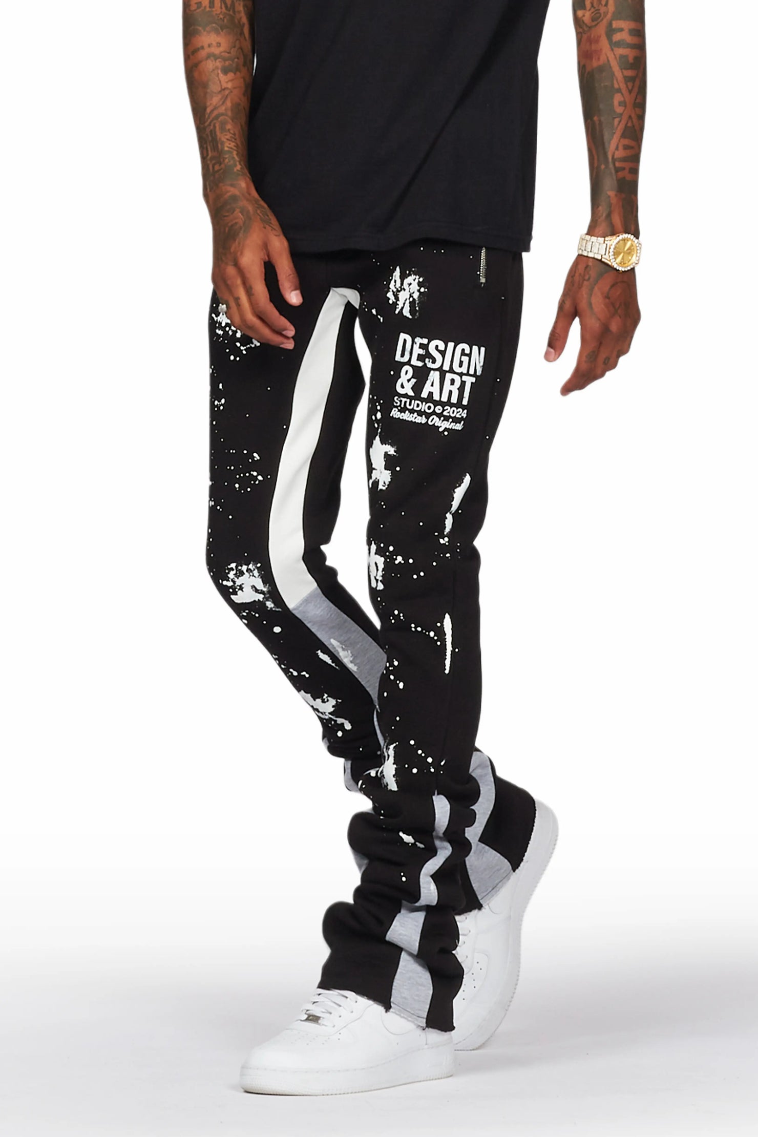 Damone Black Super Stacked Flare Track Pant