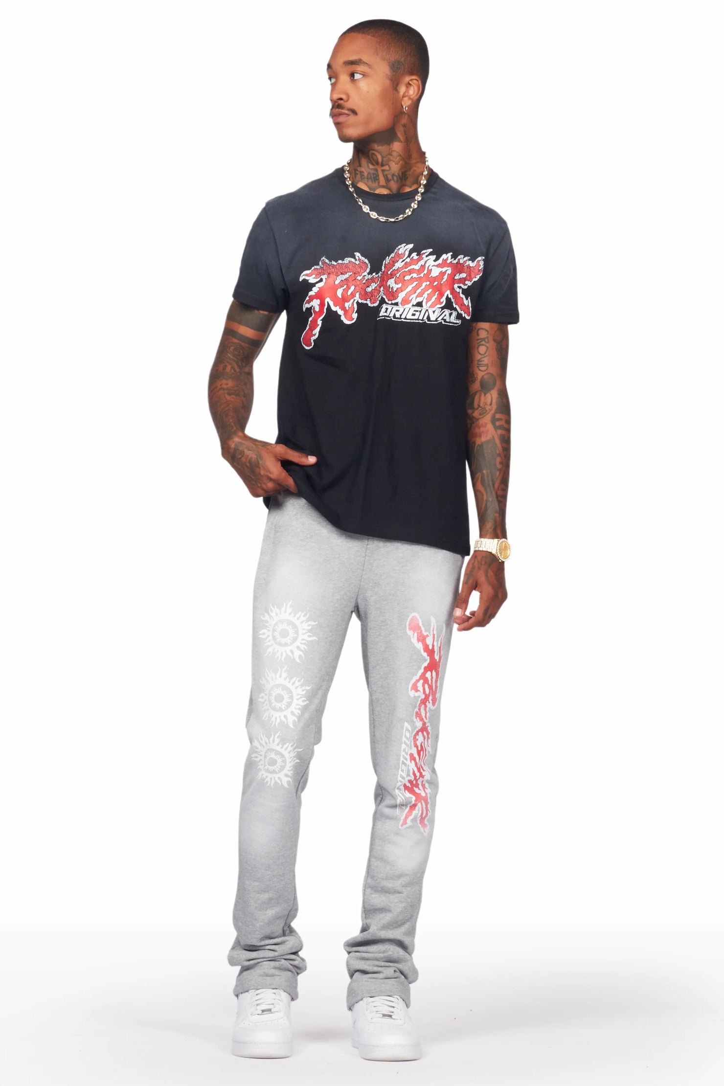 Yash Black/Grey T-Shirt/Stacked Flare Track Pant Set