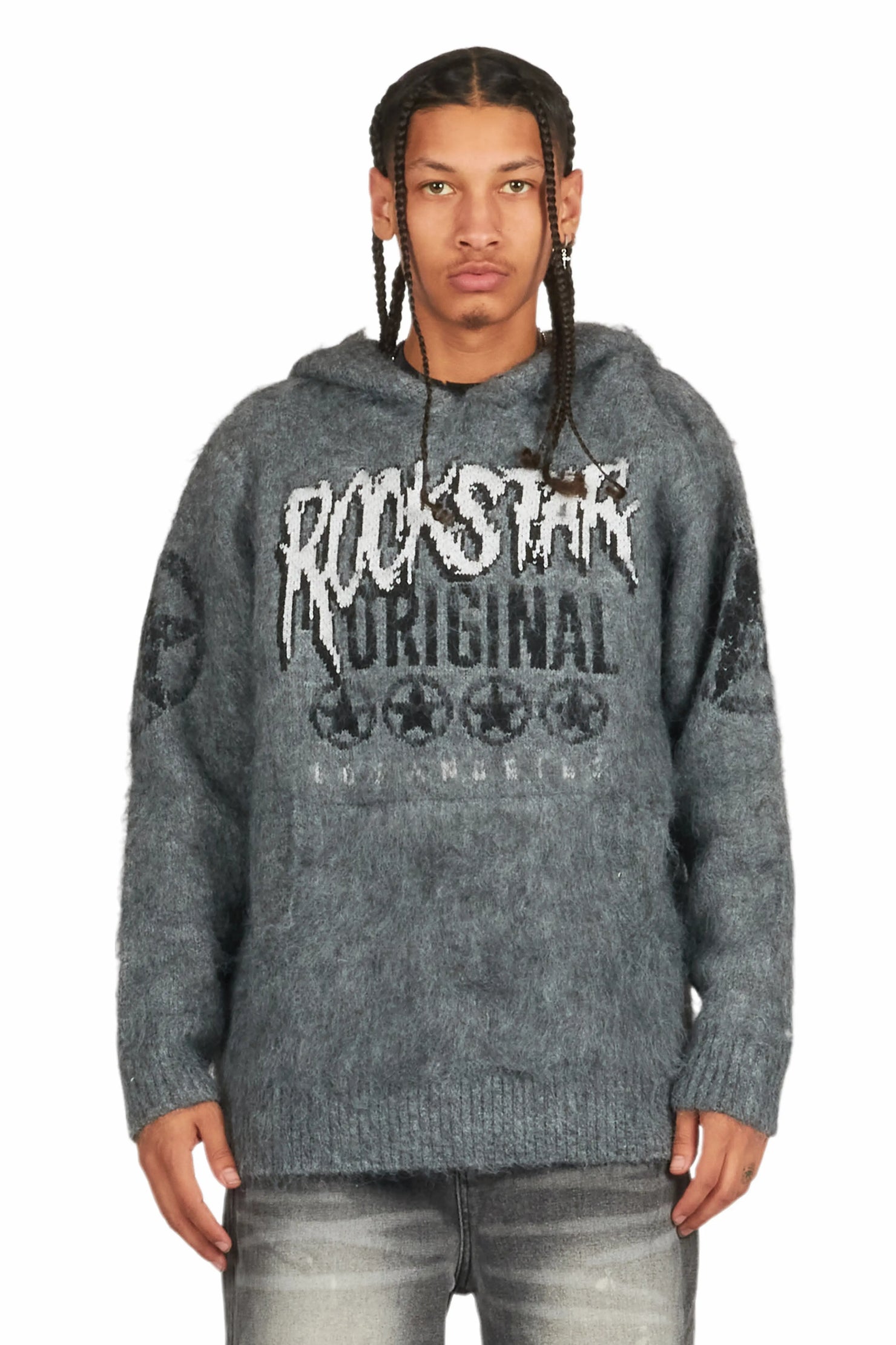 Wizzurd Grey Graphic Knitted Mohair Hoodie