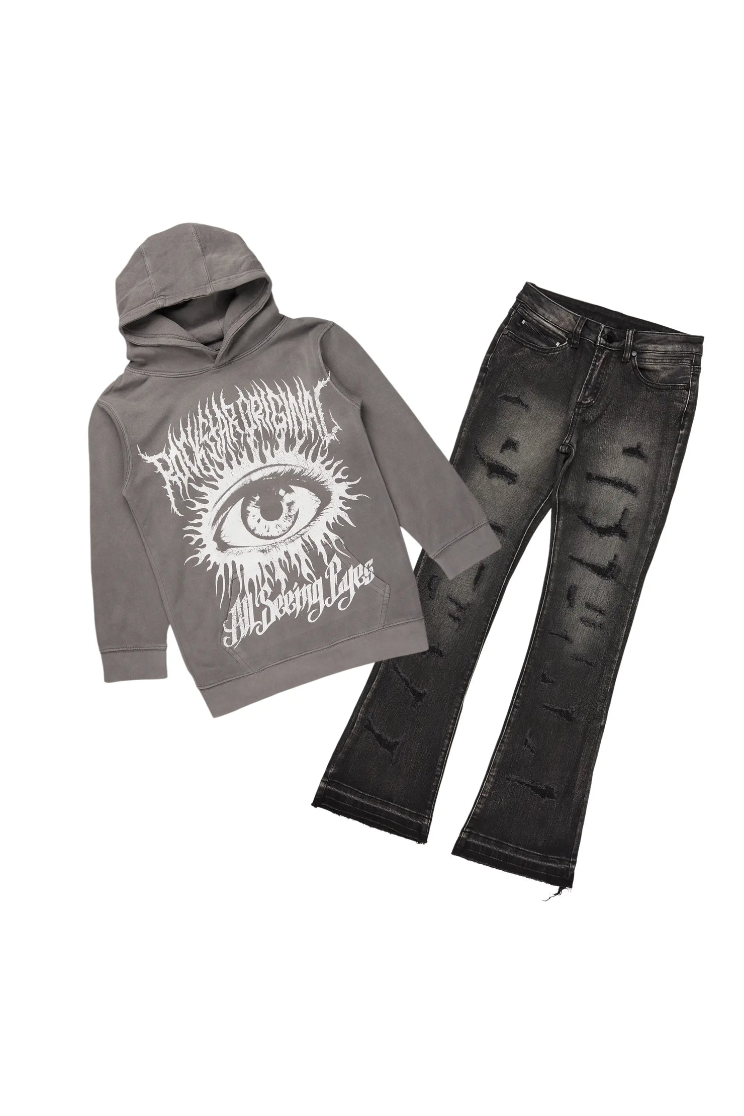 Boys All Eyes Black/Vintage Grey Hoodie/Stacked Flare Jean Set