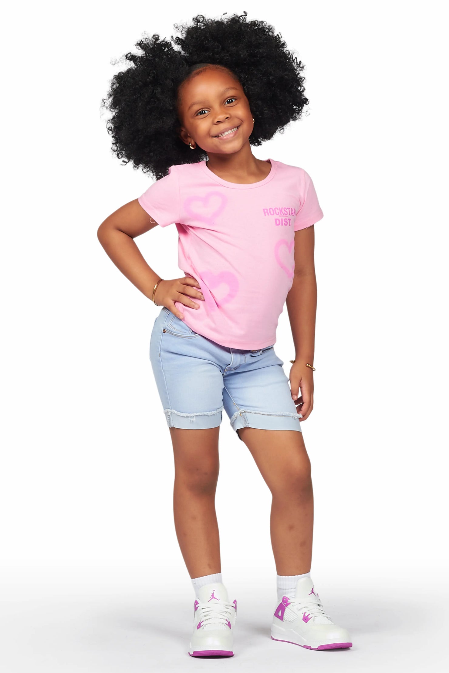 Girls Alaiya Pink T-Shirt Denim Short Set