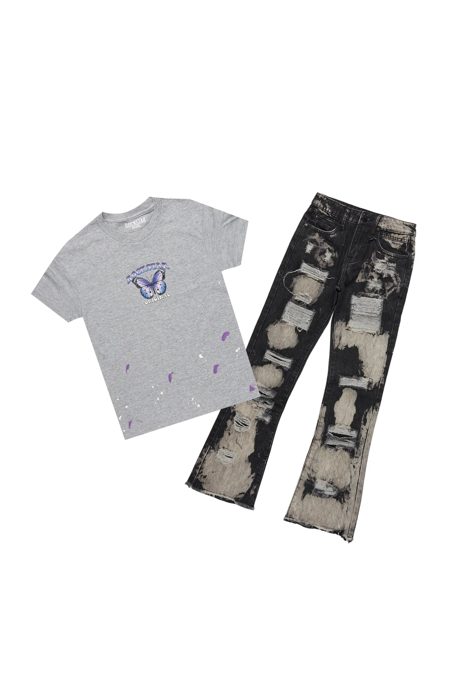 Girls Bama Grey T-Shirt/Stacked Flare Jean Set