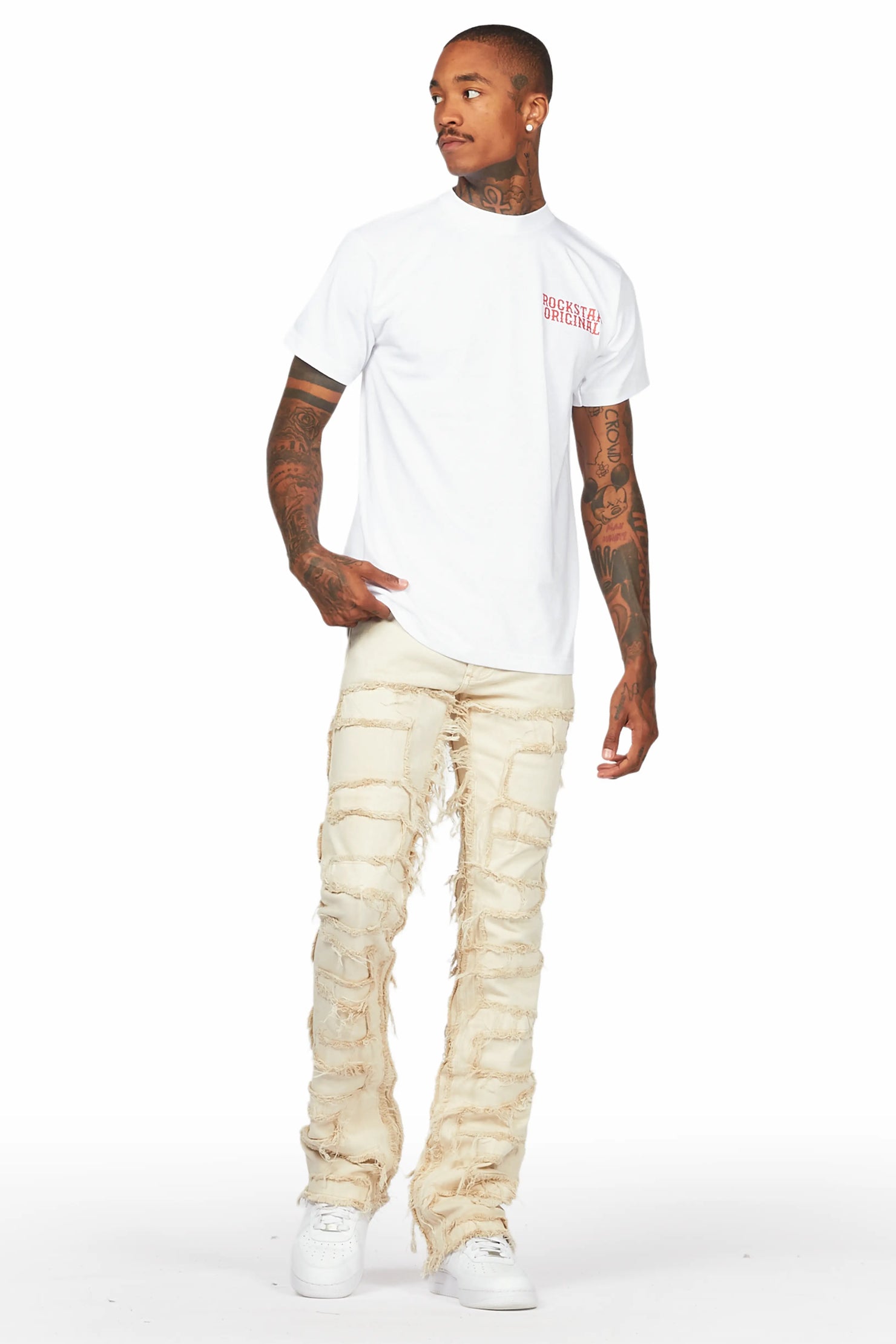 Posse White T-Shirt & Shake Beige Stacked Jean Bundle