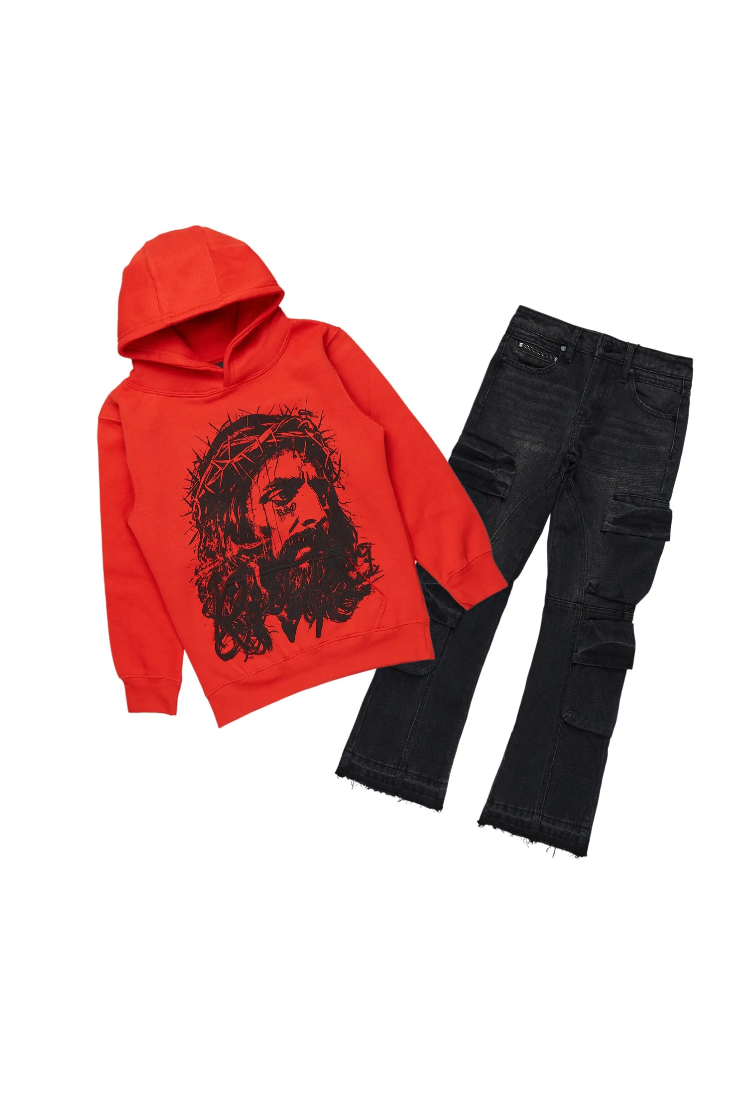 Boys Bedros Red/Black Hoodie/Stacked Flare Jean Set