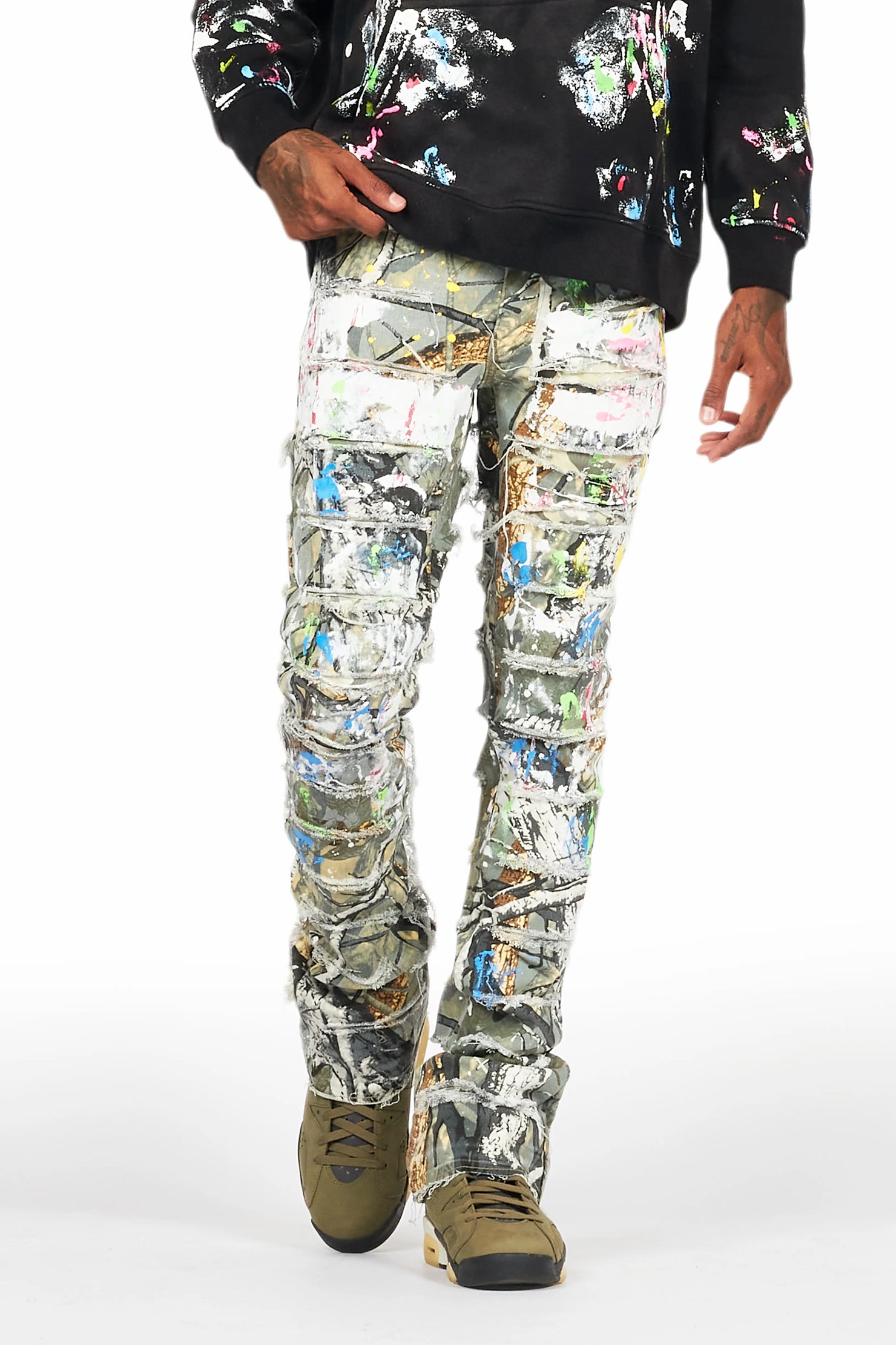 Akello Green Camo Painter Stacked Flare Jean