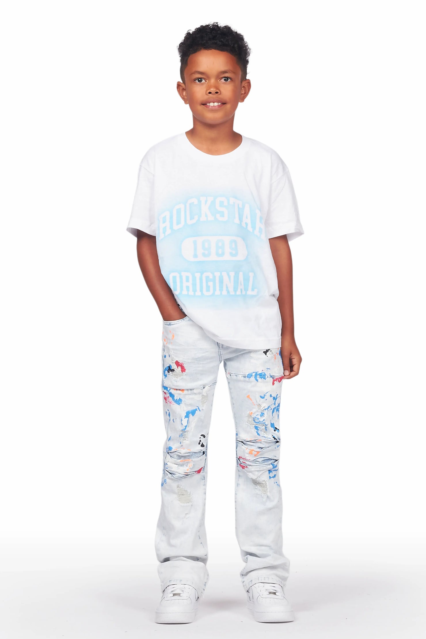 Boys Urian White/Blue T-Shirt/Stacked Flare Jean Set