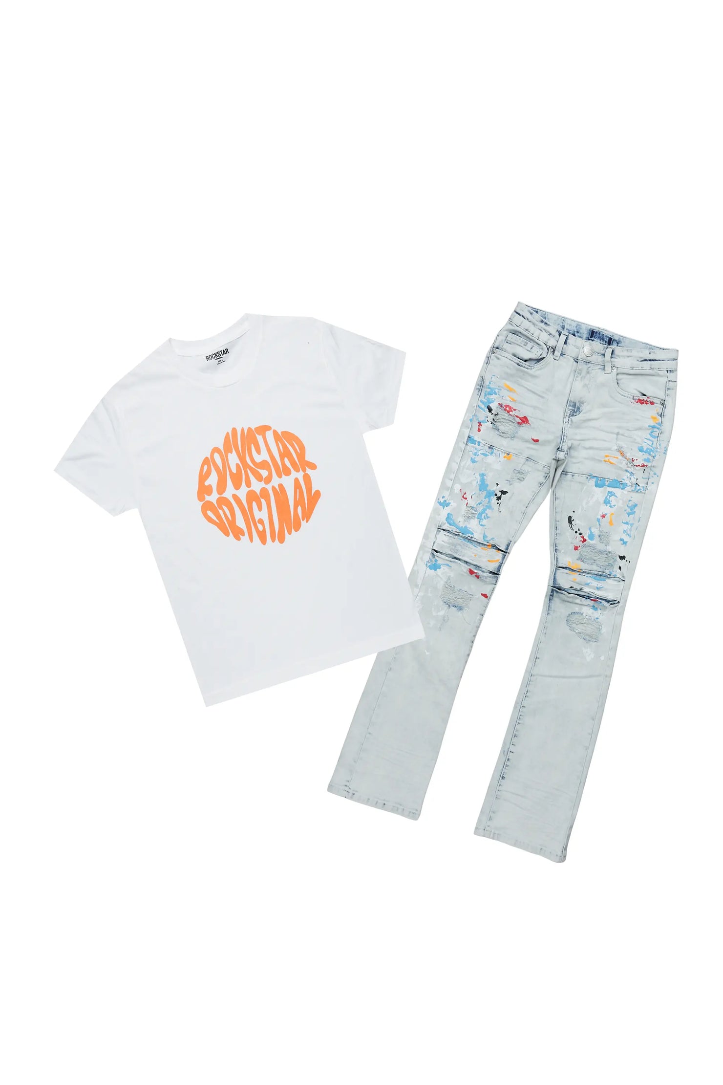 Boys Valor White T-Shirt/Stacked Flare Jean Set