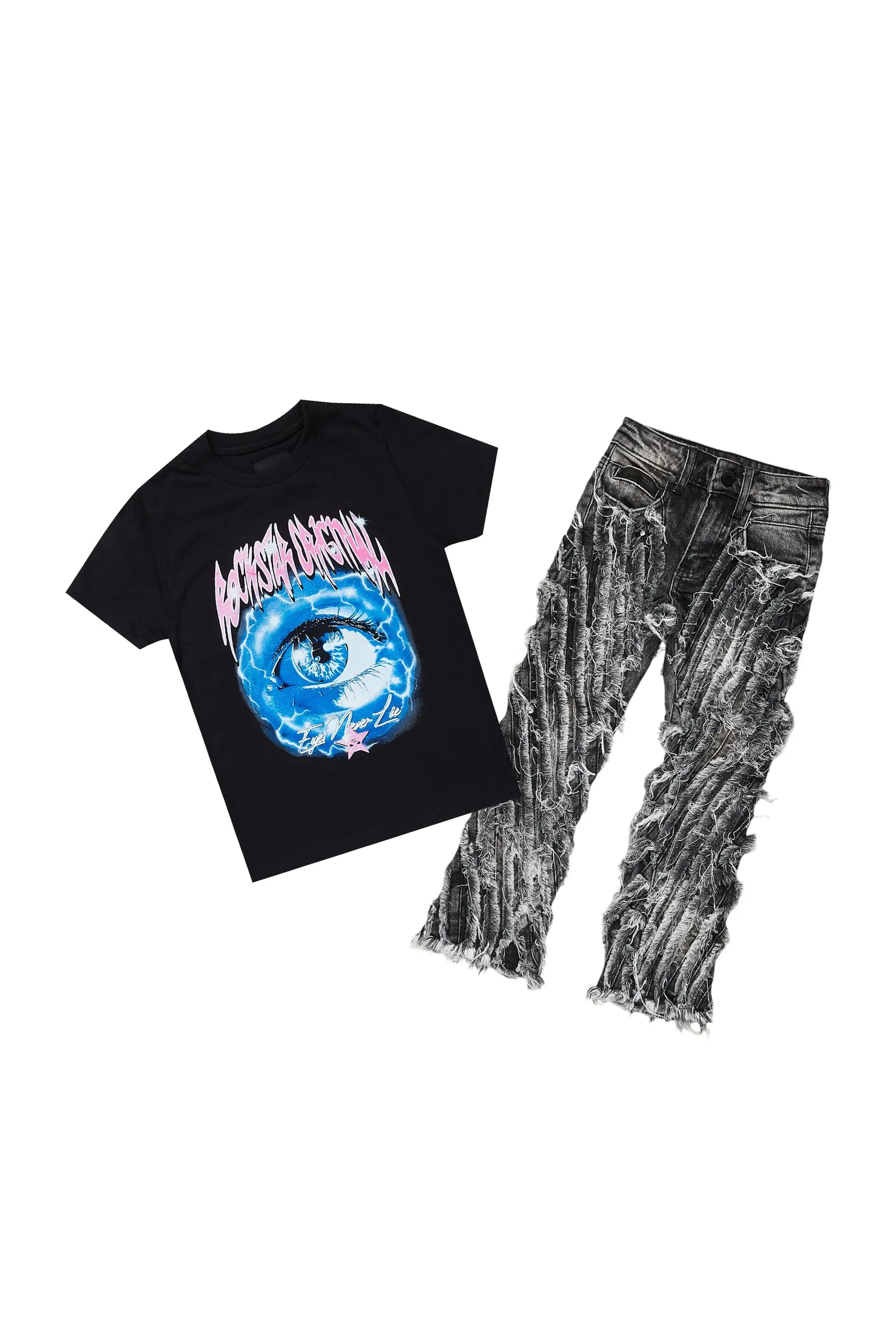 Girls Pellie Black T-Shirt/Stacked Flare Jean Set