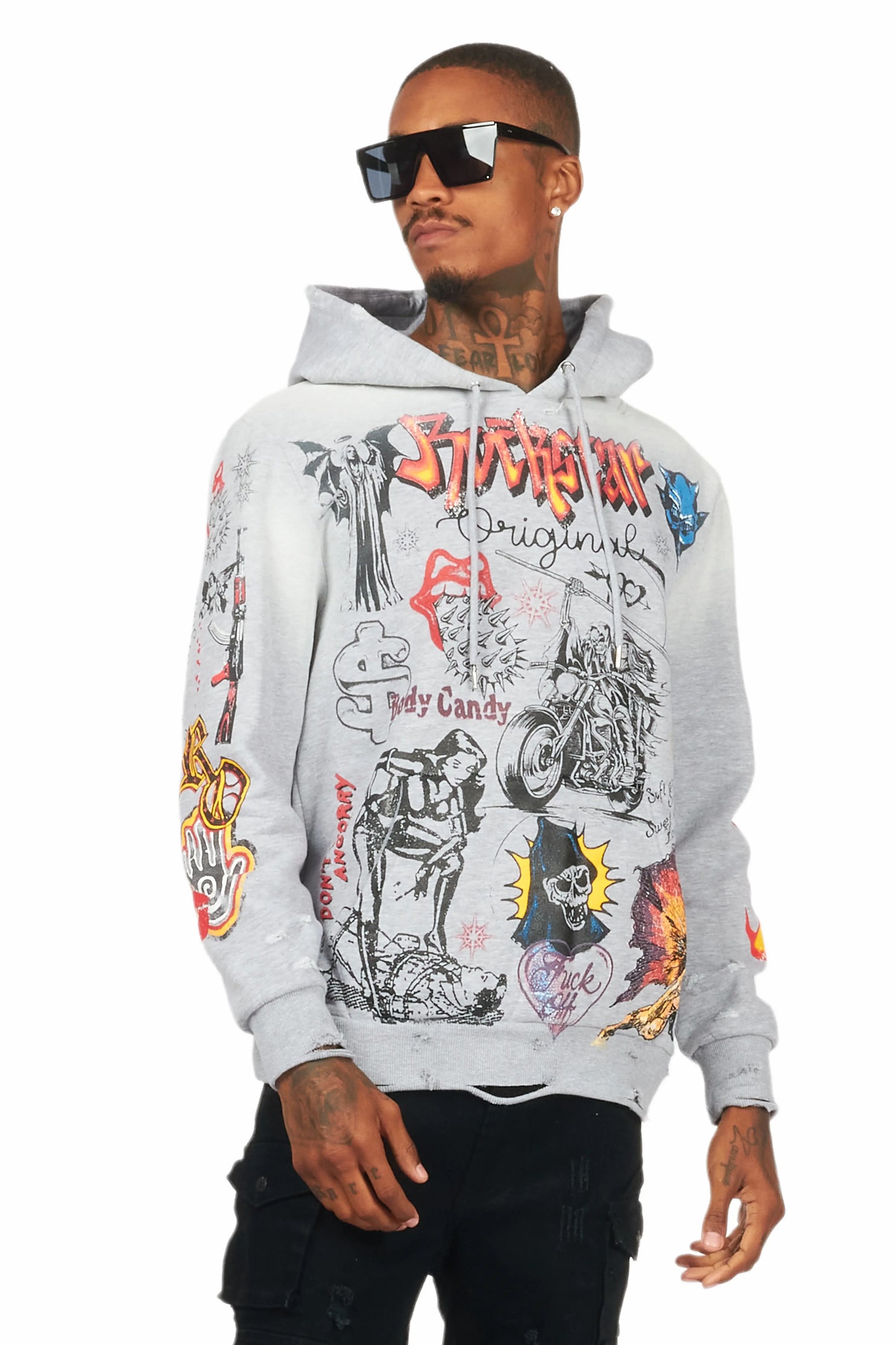 Shoota Heather Grey Distressed Graphic Hoodie