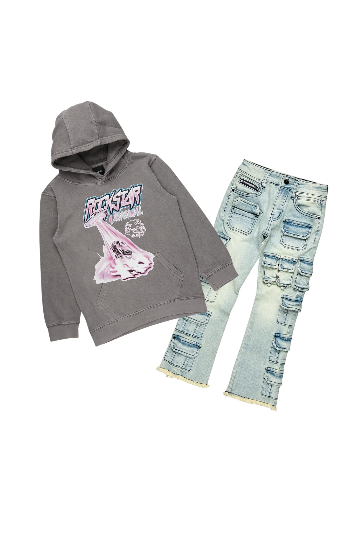 Boys Karmi Vintage Grey Hoodie/Stacked Flare Jean Set