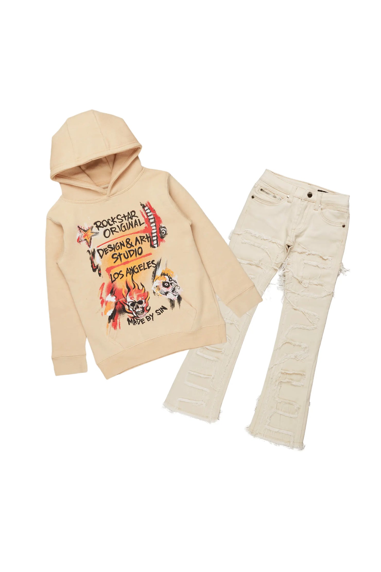 Boys Soweto Beige Hoodie/Stack Flare Jean Set