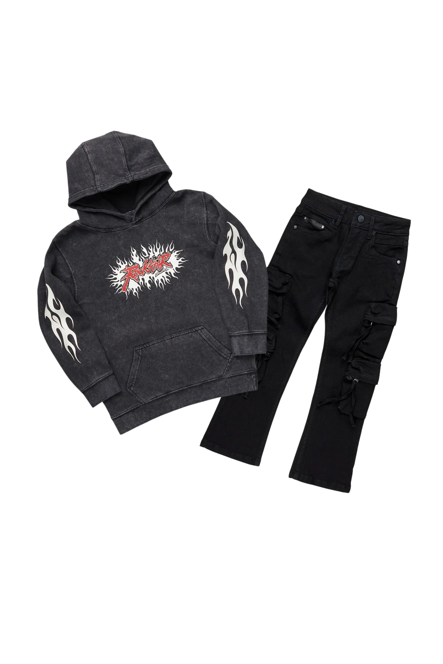 Boys Basiano Vintage Black Hoodie/Slim Fit Jean Set