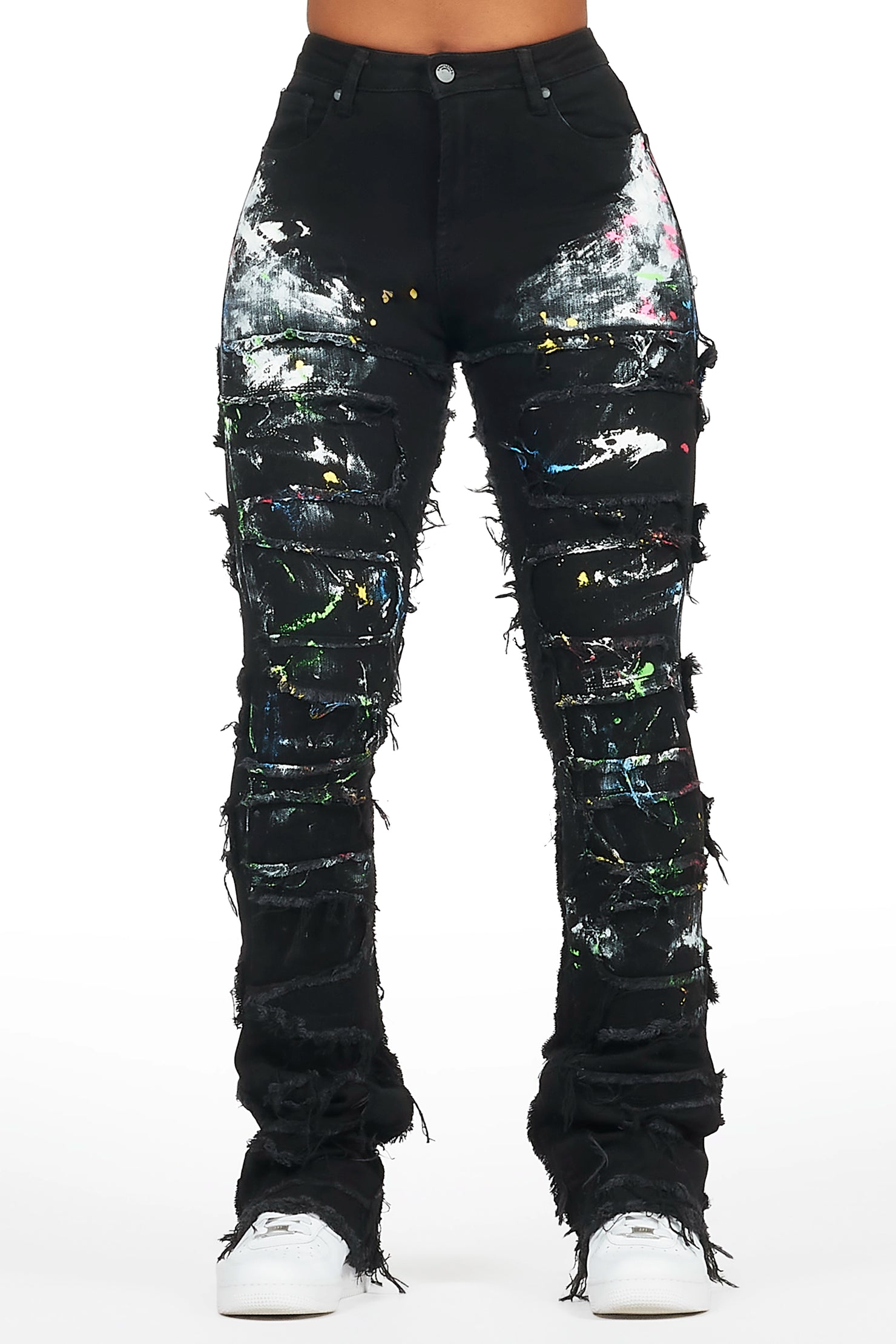 Sammia Black Painted Stacked Flare Jean