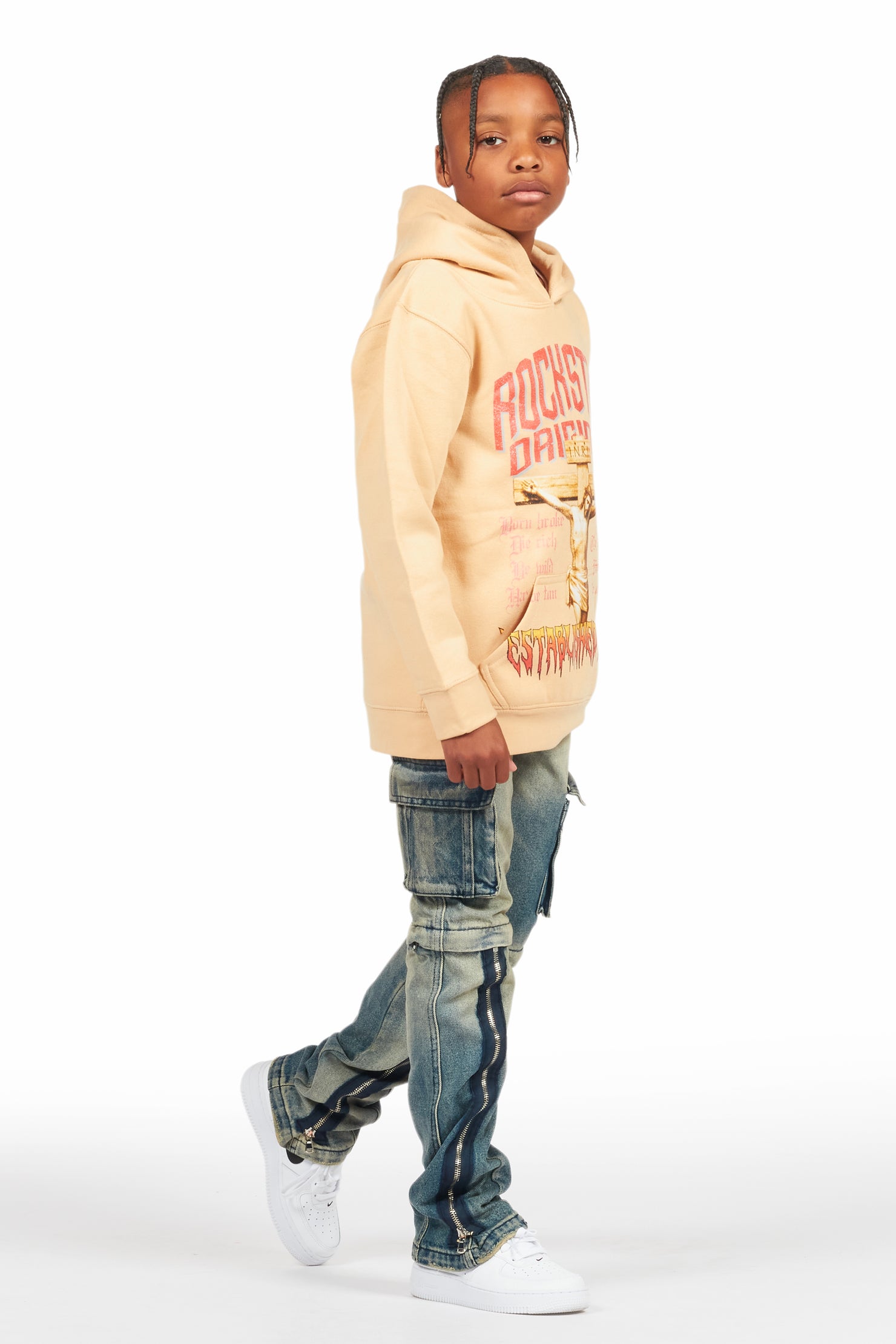 Boys Hayes Beige Hoodie/Stacked Flare Jean Set