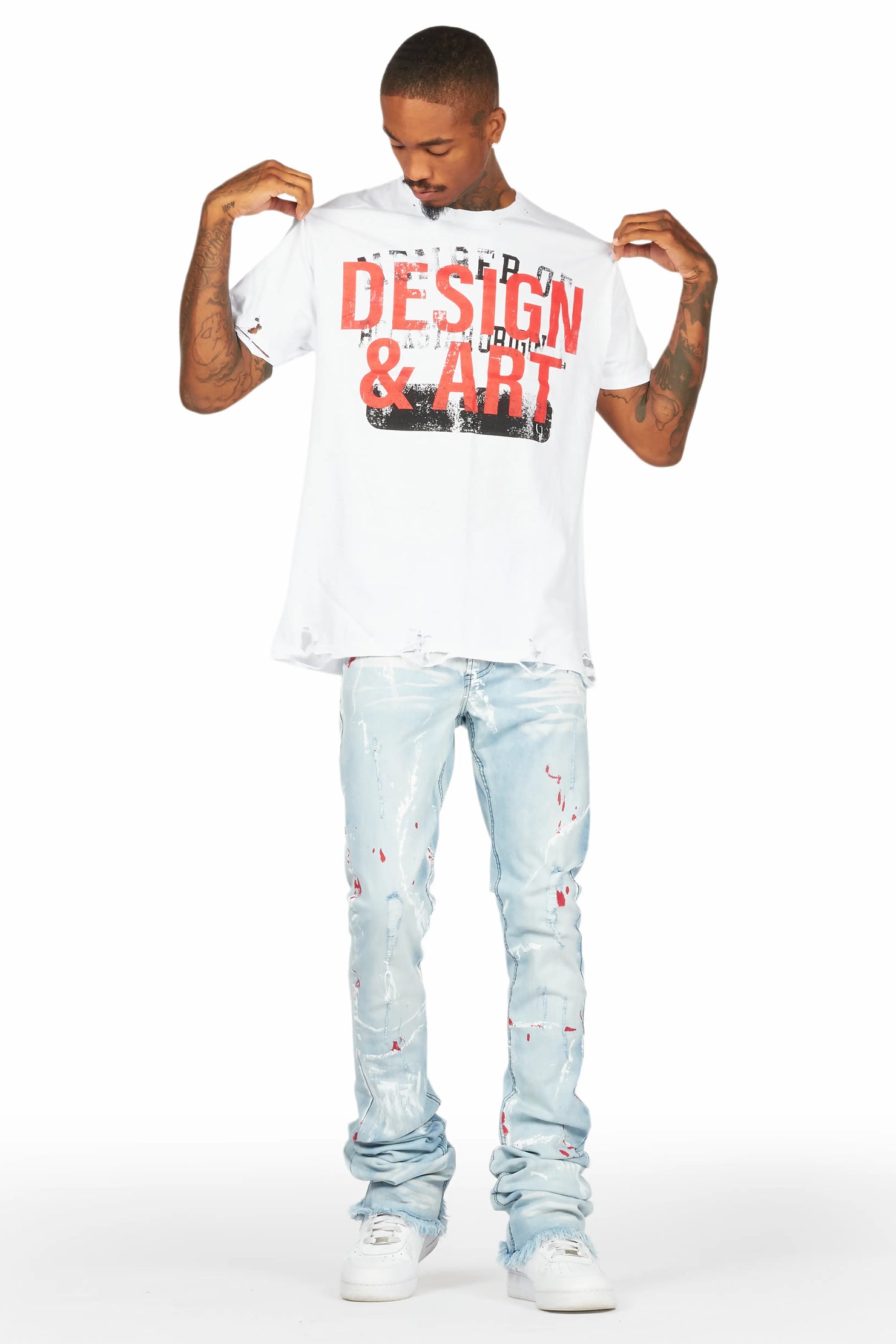 Magar White T-Shirt/Super Stacked Flare Jean Set