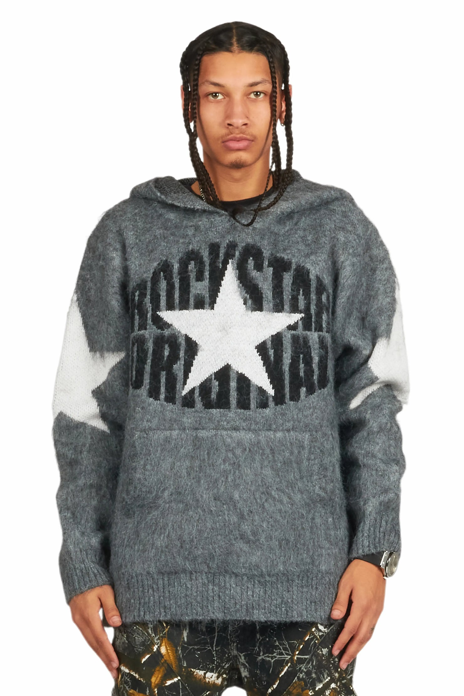 States Grey Graphic Knitted Mohair Hoodie