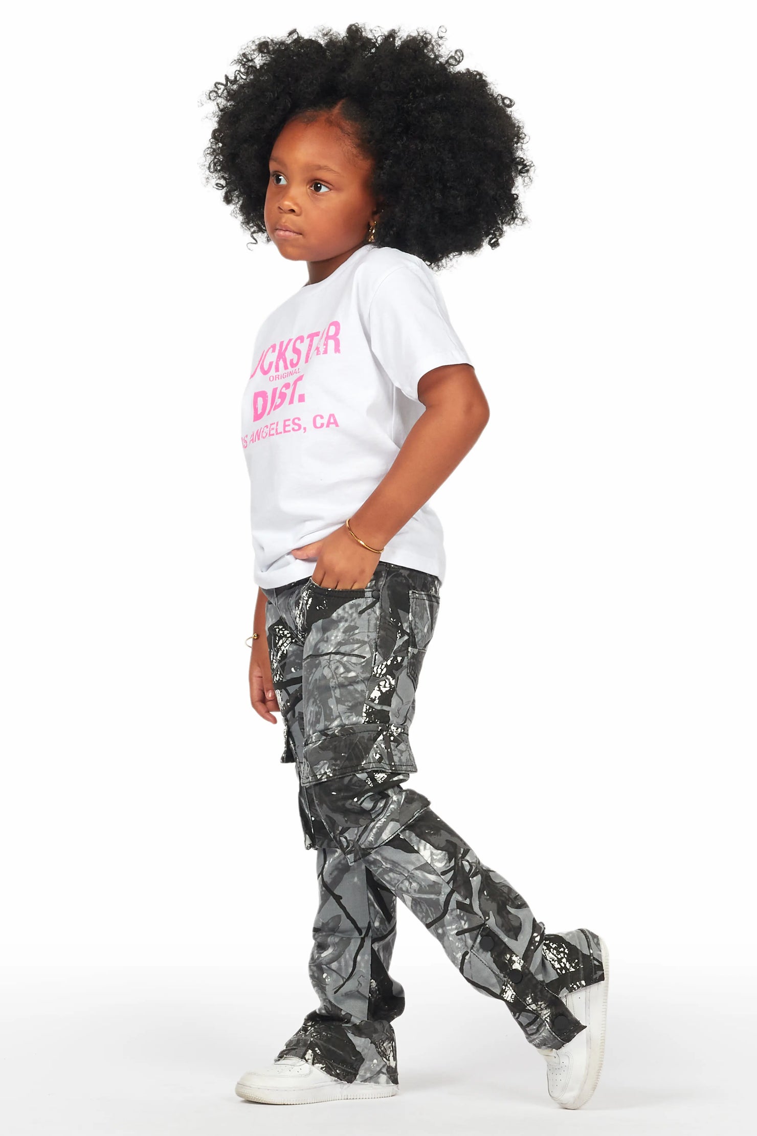 Girls Amiry Grey Camo Stacked Flare Cargo Jean