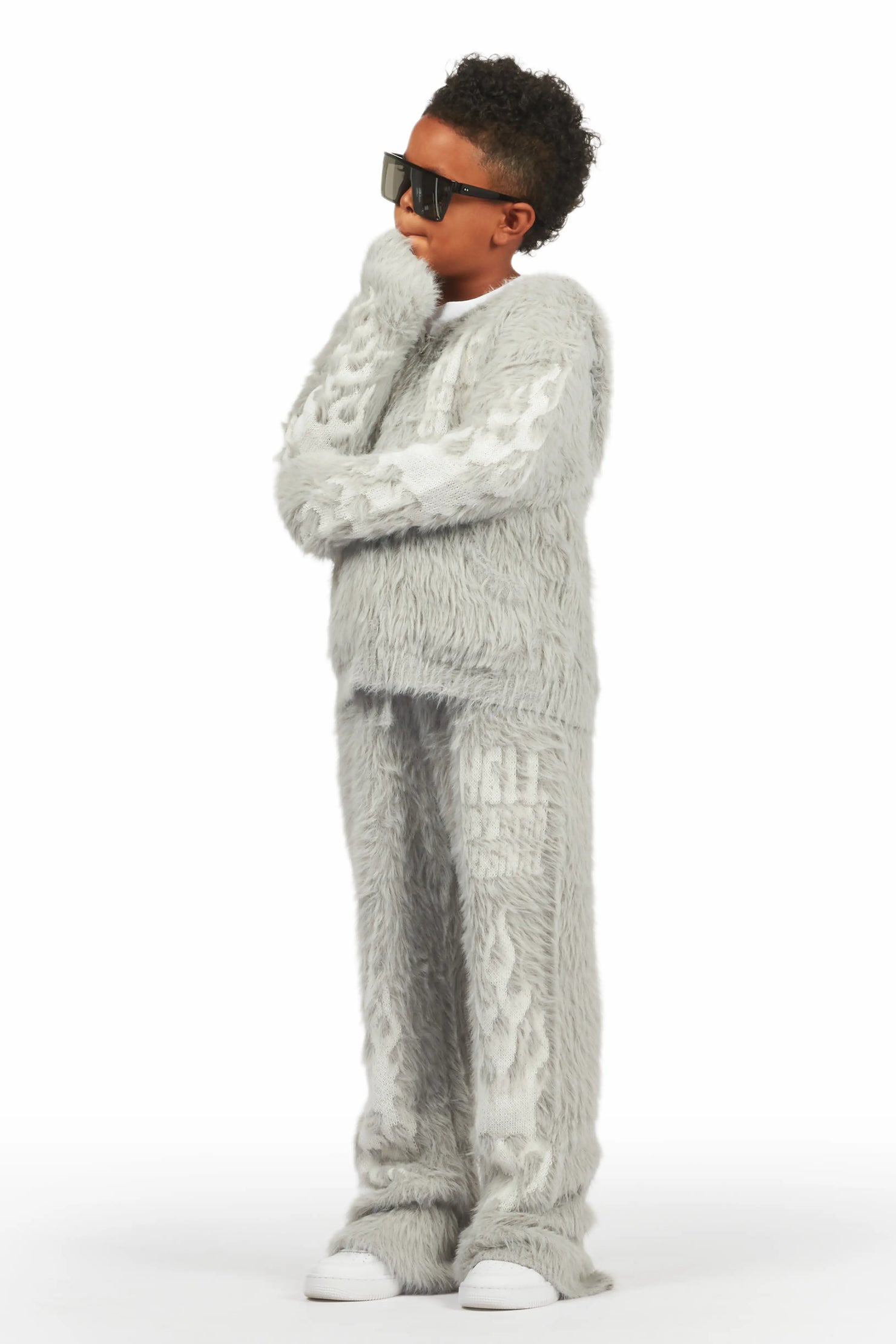 Boys Toshio Grey Stacked Flare Knitted Mohair Track Set