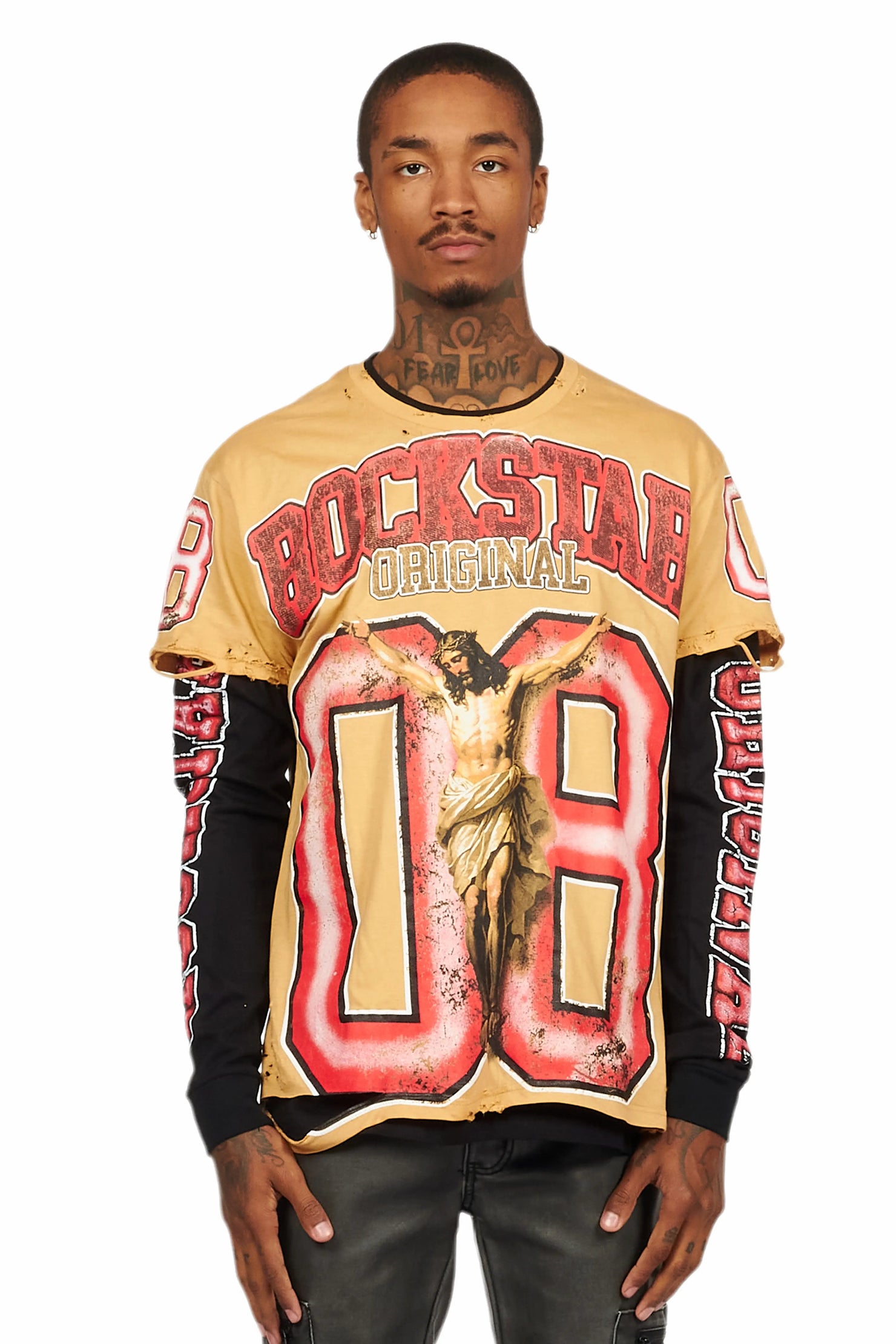 Fields Beige/Red Double Layer Long Sleeve Graphic T-Shirt