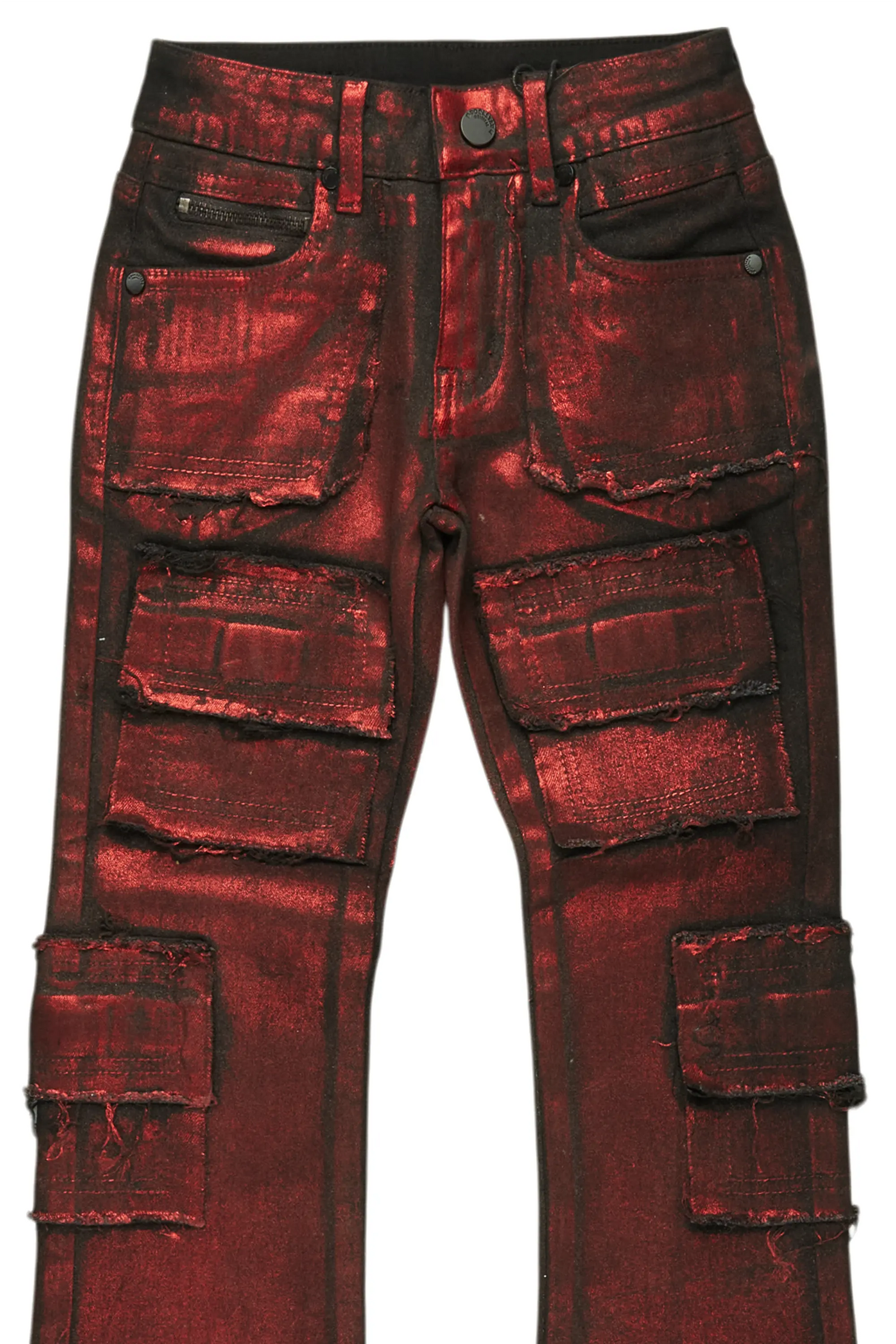 Girls Tyree Red Metallic Coated Stacked Flare Jean