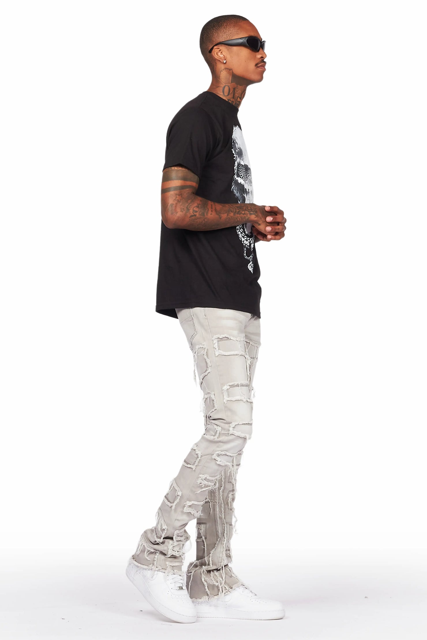 Ponce Black T-Shirt & Shake Grey Stacked Flare Jean Bundle