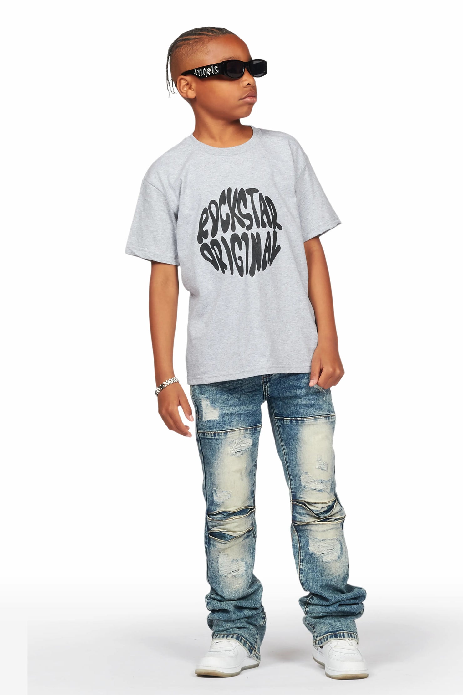 Boys Zaman Grey T-Shirt/Stacked Flare Jean Set