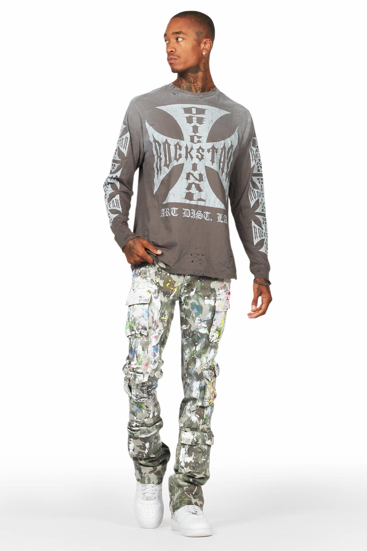 Callias Green Camo Painter Stacked Flare Jean