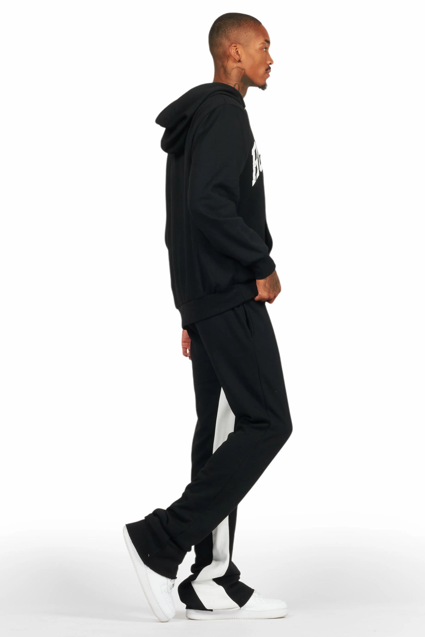 Mallor Black/White Baggy Stacked Hoodie Track Set