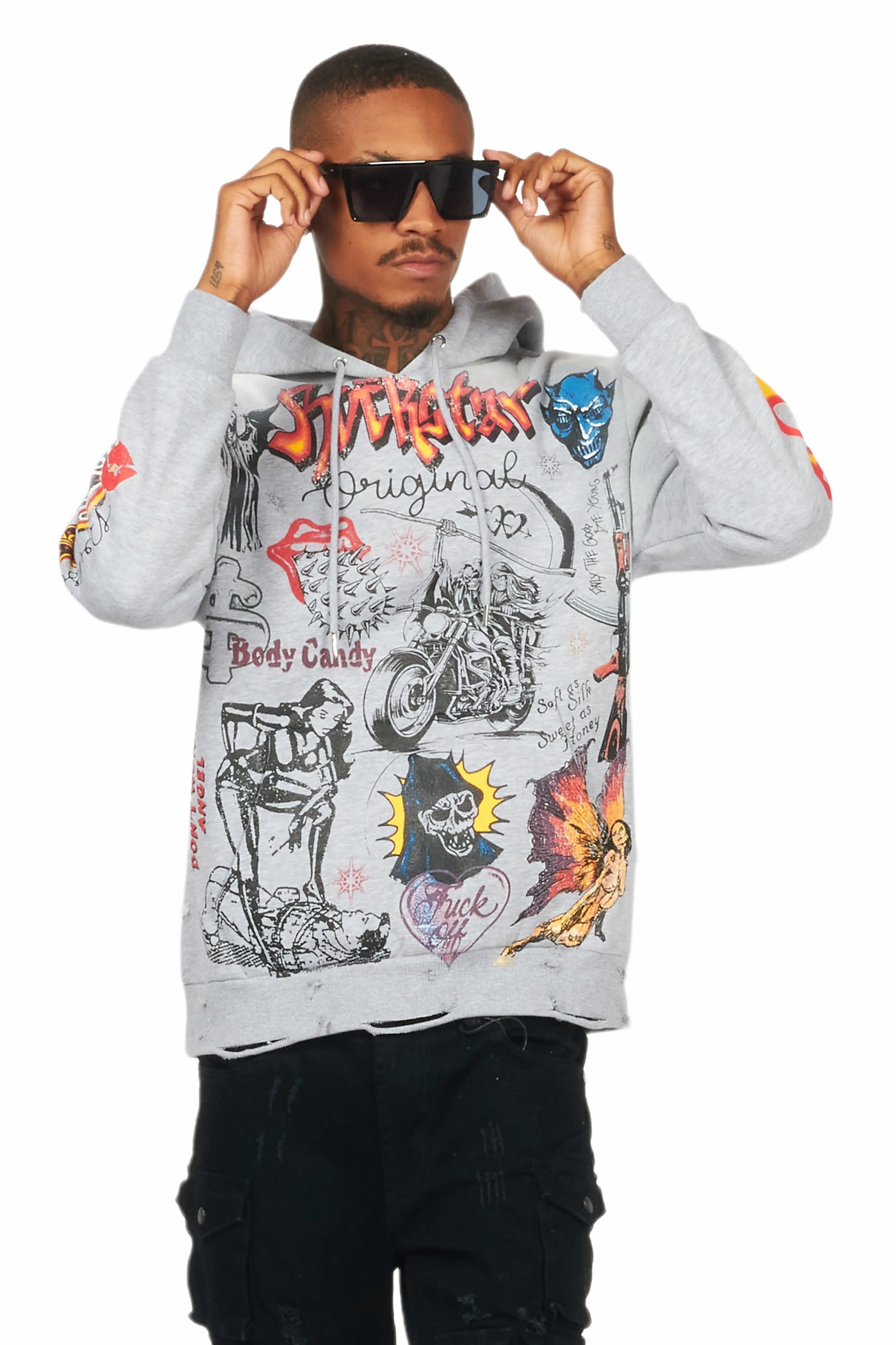 Shoota Heather Grey Distressed Graphic Hoodie