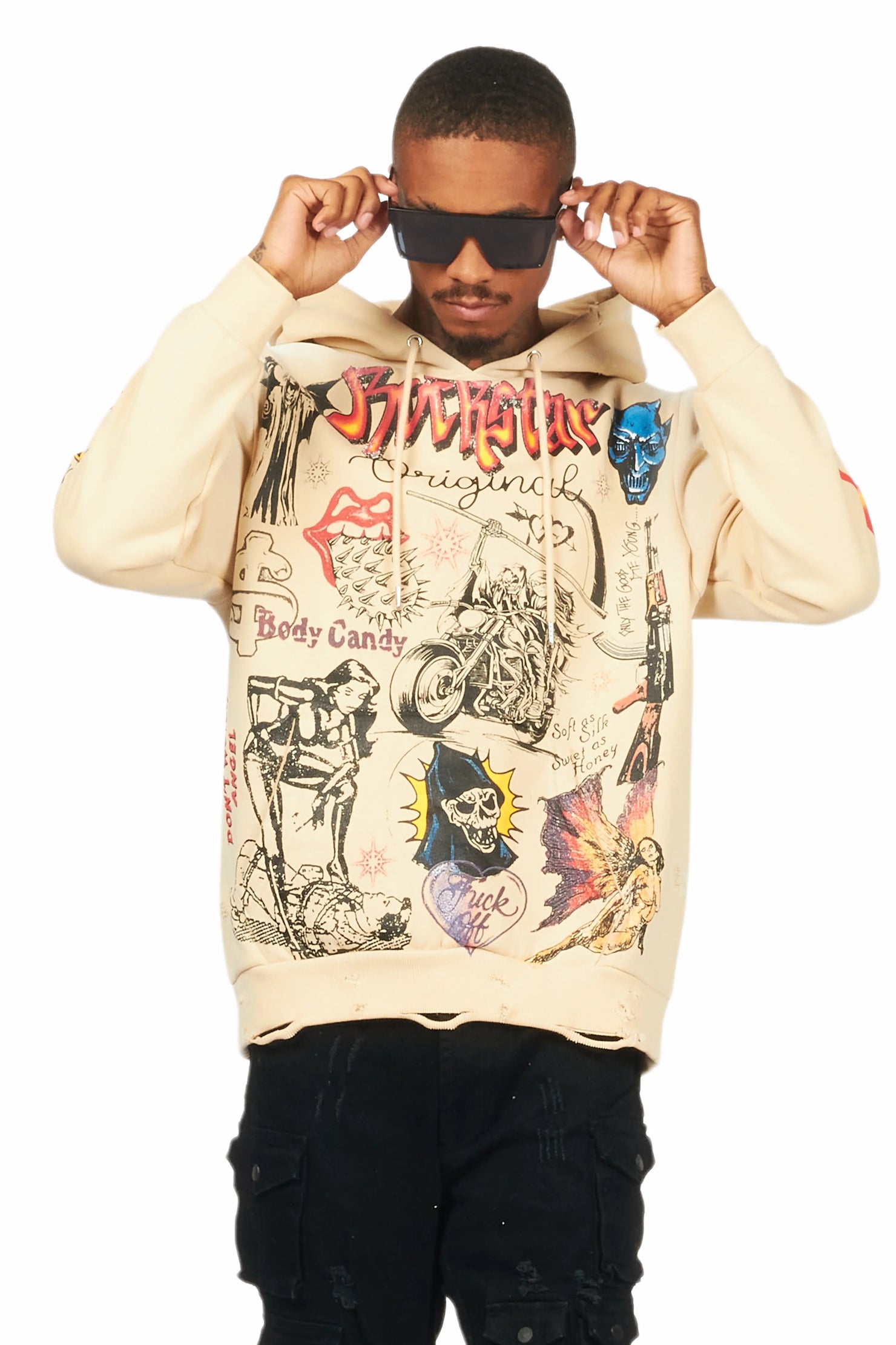 Shoota Beige Distressed Graphic Hoodie