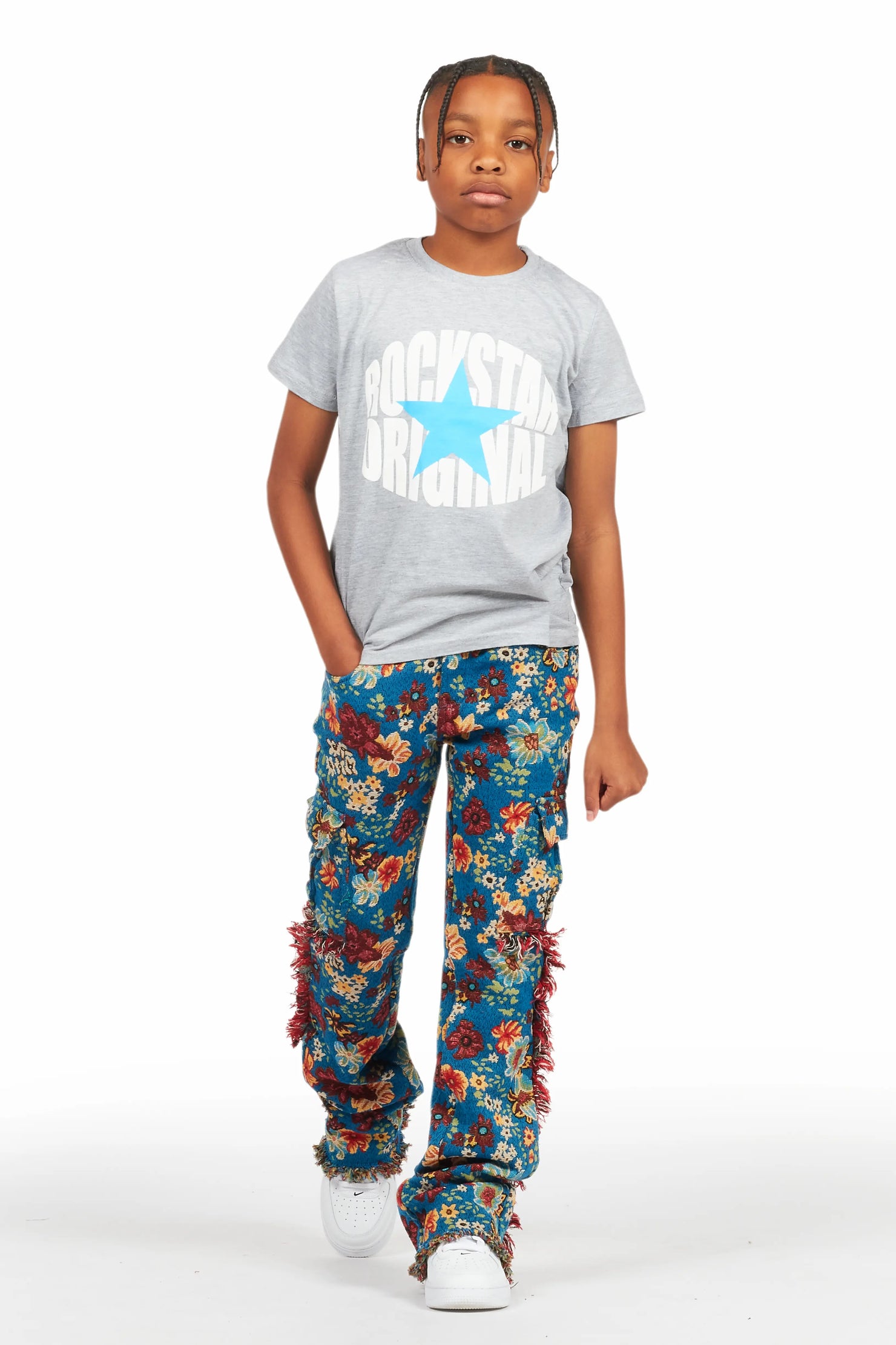 Boys Finn Blue Slim Tapestry Flare Pants