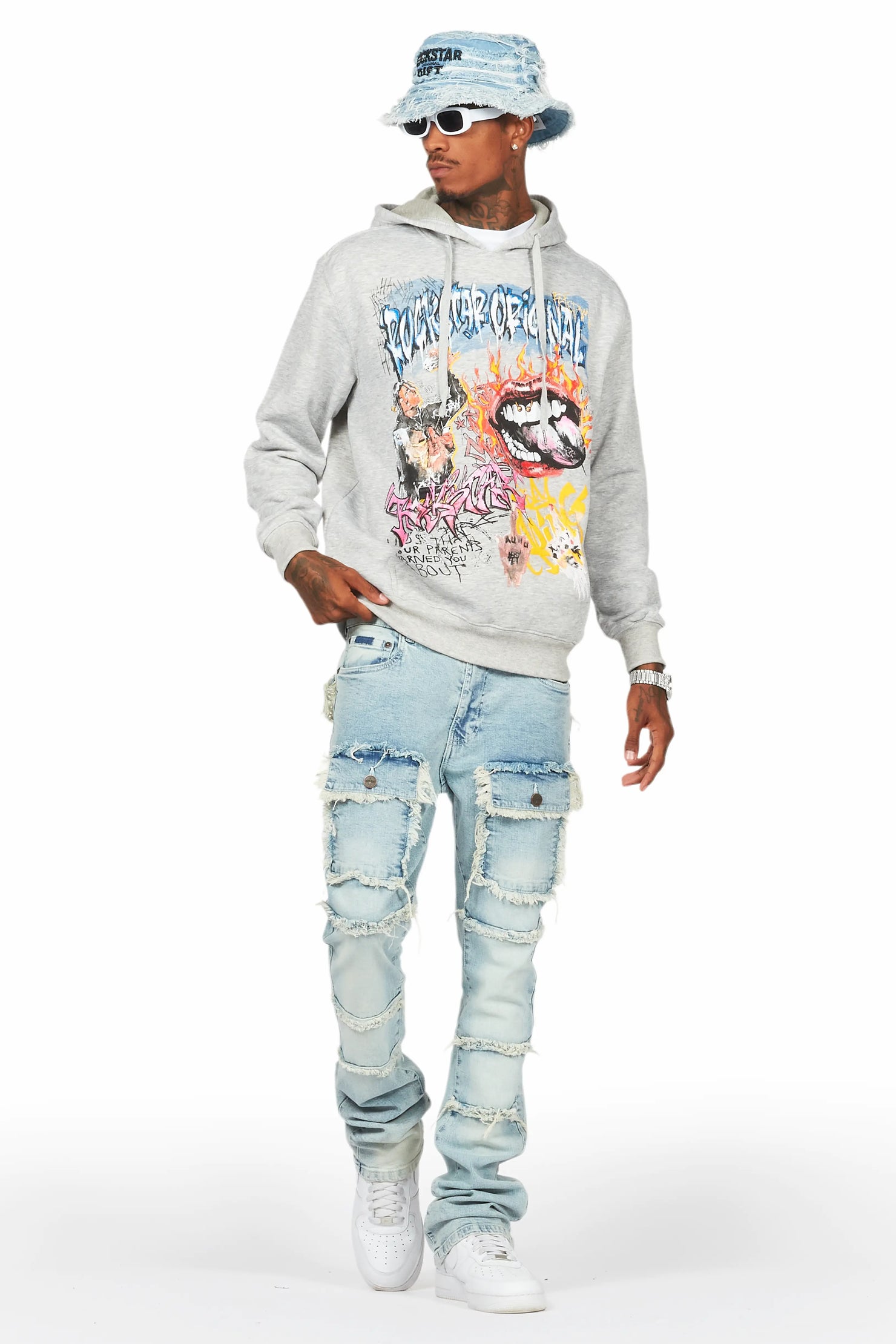 Yooz Heather Grey Hoodie/Stacked Flare Cargo Jean Bundle