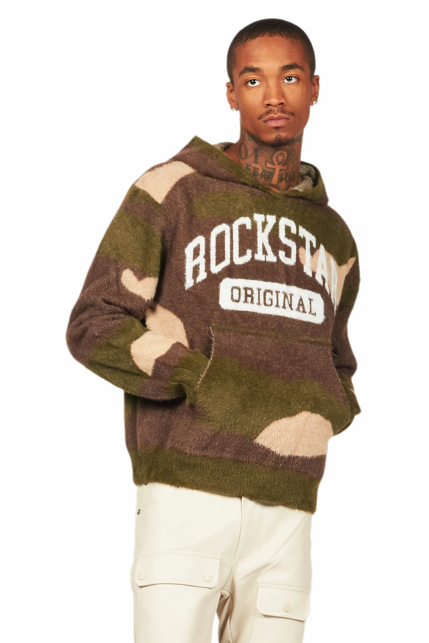 Damodar Green Camo Knitted Mohair Hoodie