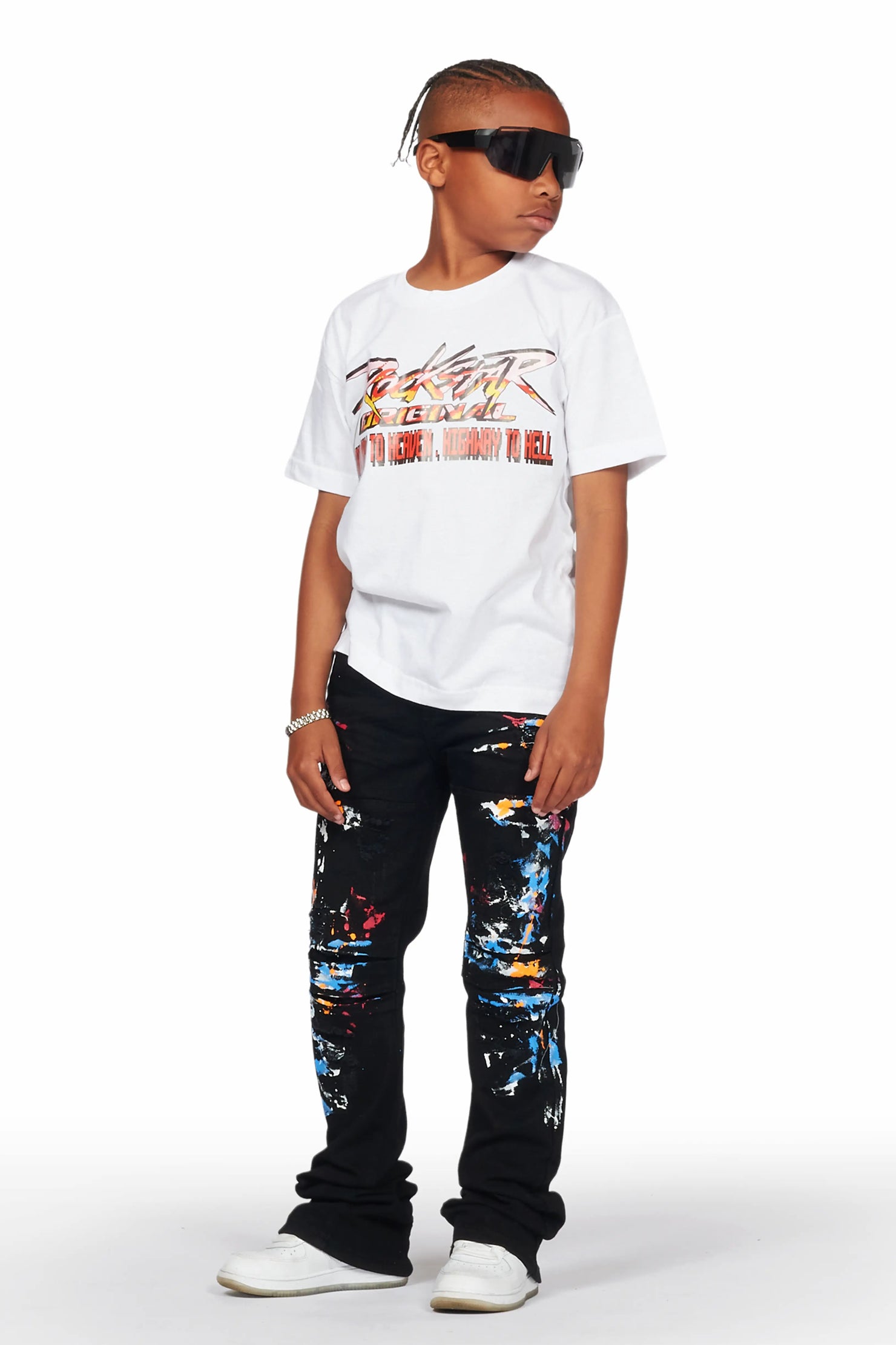 Boys Sagen White T-Shirt/Stacked Flare Jean Set