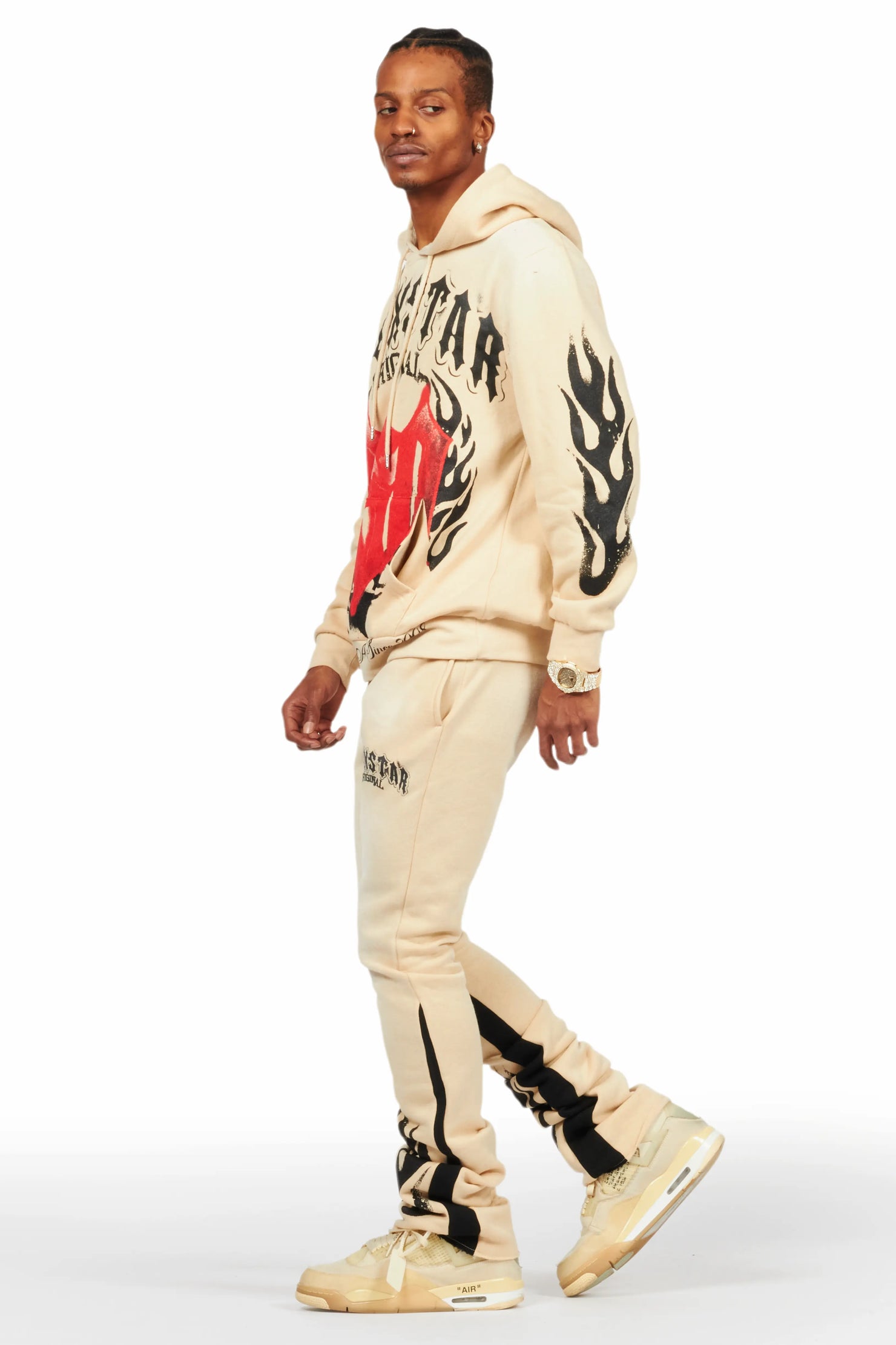 Boaz Beige Stacked Flare Hoodie Track Set