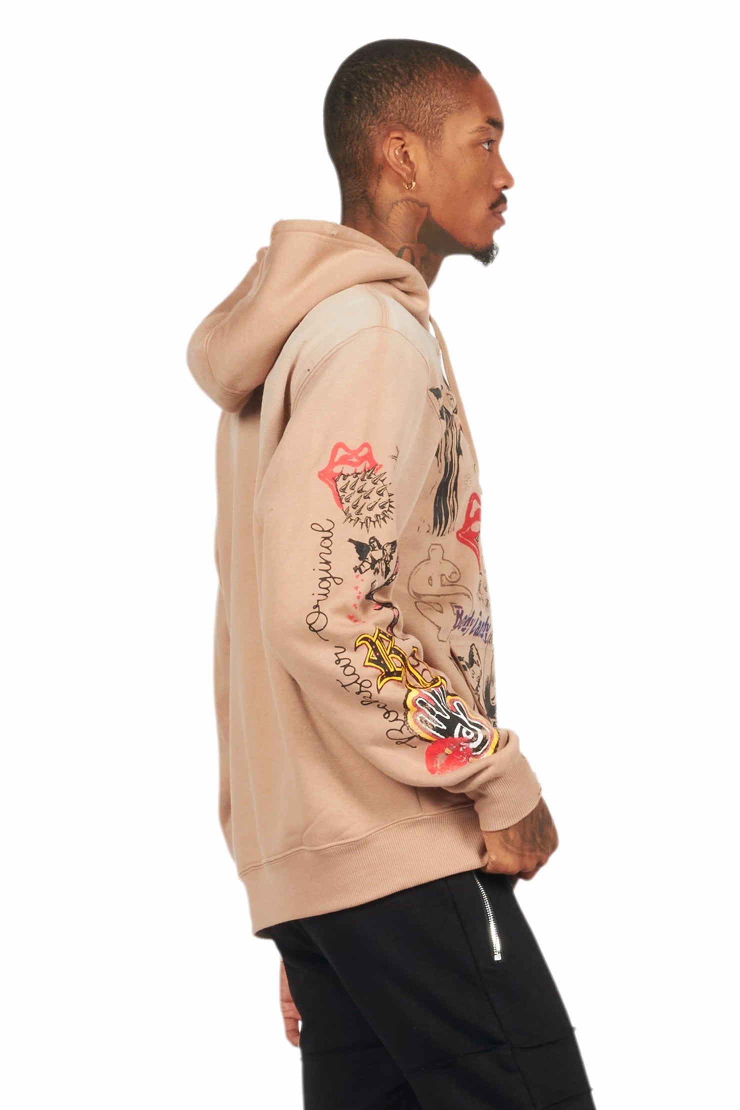 Shoota Beige Distressed Graphic Hoodie