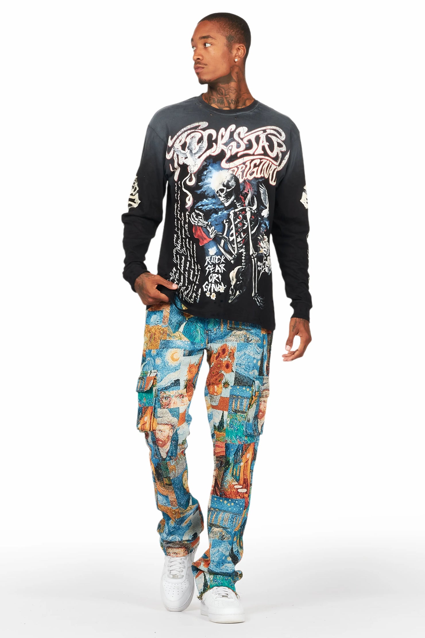 Zaire Blue Multi Tapestry Stacked Flare Jean