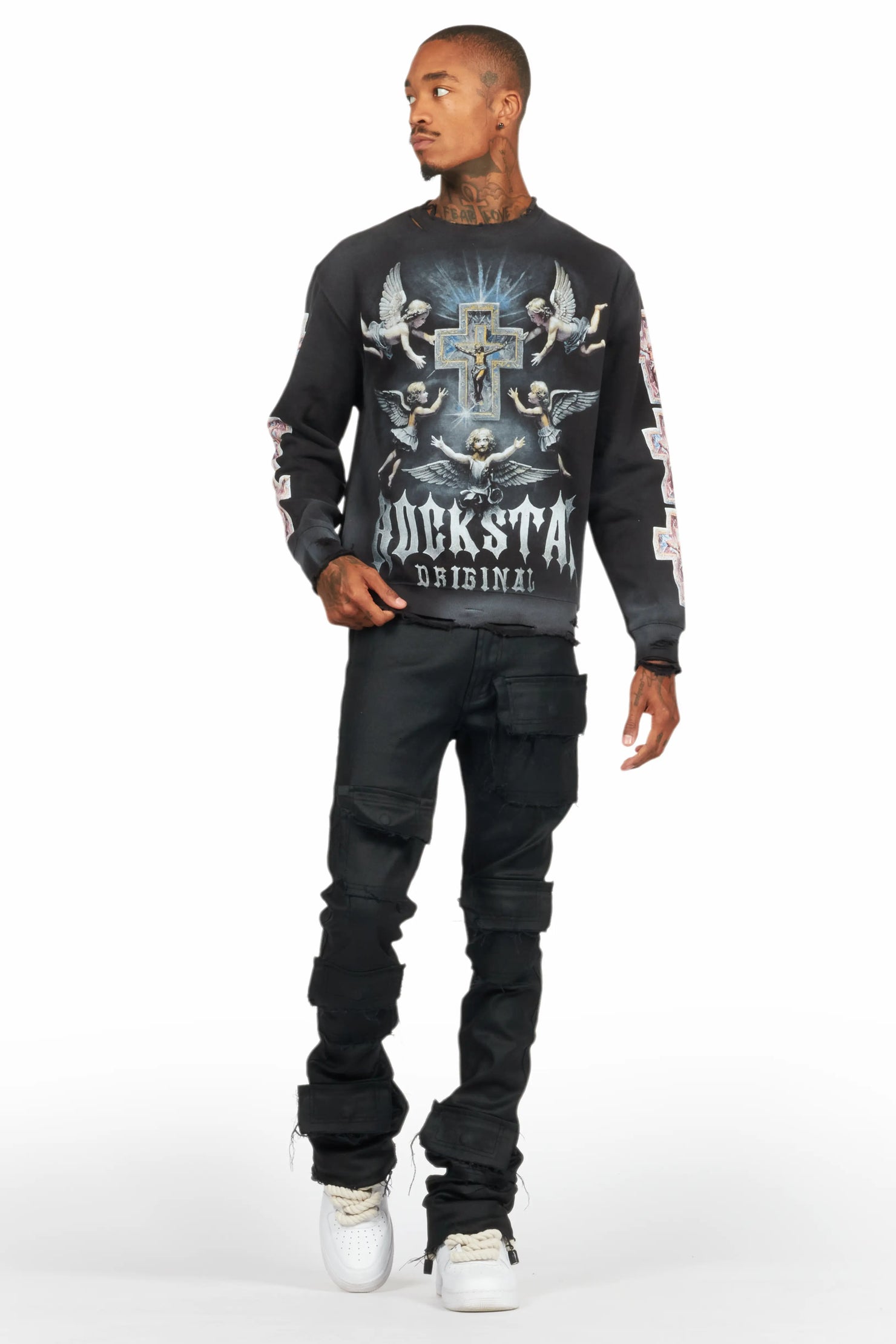 Petrus Black Coated Super Stacked Flare Jean